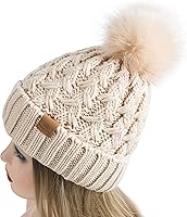 Vista 3 de PAGE ONE Womens Winter Ribbed Beanie Crossed Cap Chunky Cable Knit Pompom Soft Warm Hat