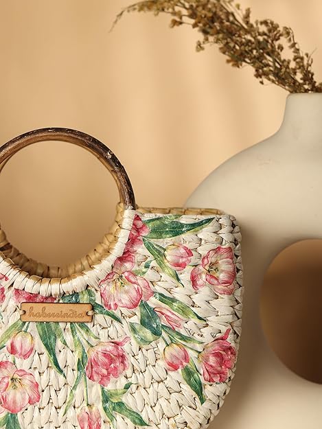 Habere India-All the Cultures Fabricating India Straw Bag | Small Tote Bag | Basket Bag | Bamboo Tote | Beach Bags for Women | Boho Bag | Kauna Bag | White Handbag | Half Moon Bag