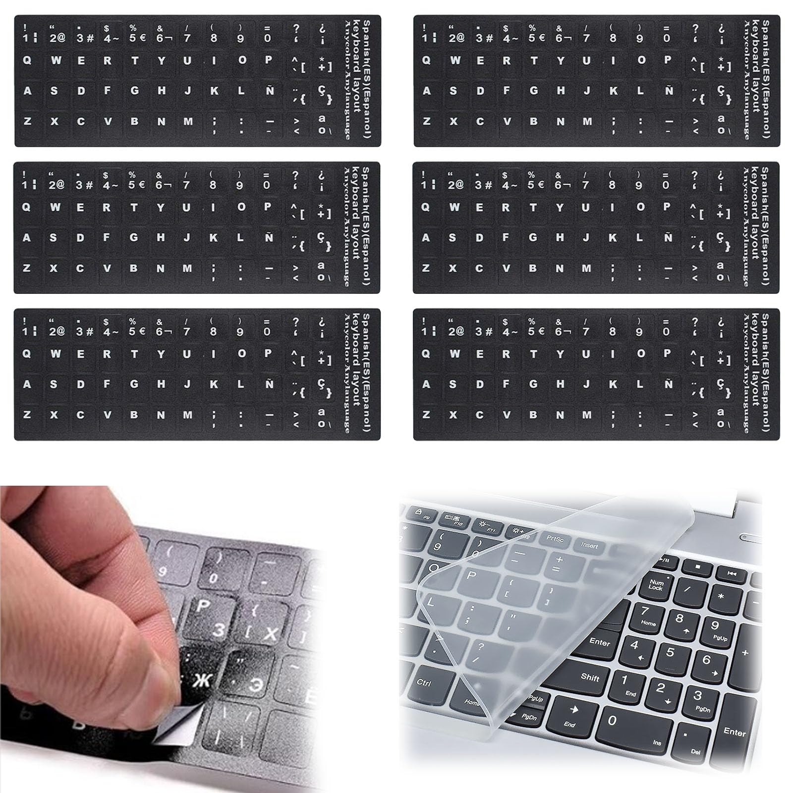 Pegatinas para Teclado Español de Repuesto,Universales Calcomanías de Teclado de Repuesto,Pegatinas de Teclado para el Ordenador portátil del Ordenador Negro,con Cubierta del Teclado,7pcs
