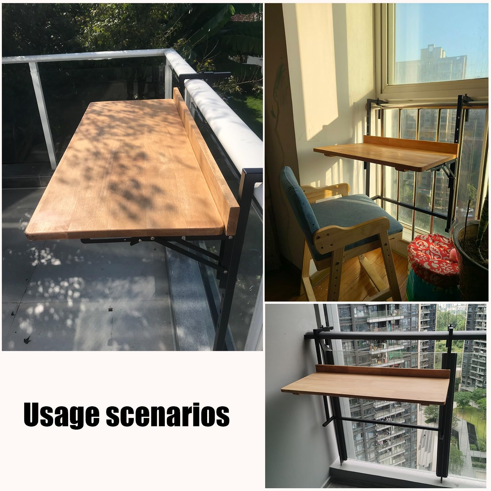 Table Balcon Suspendue Rabattable Murale pour Balustrade Extérieur Jardin 38x90cm
