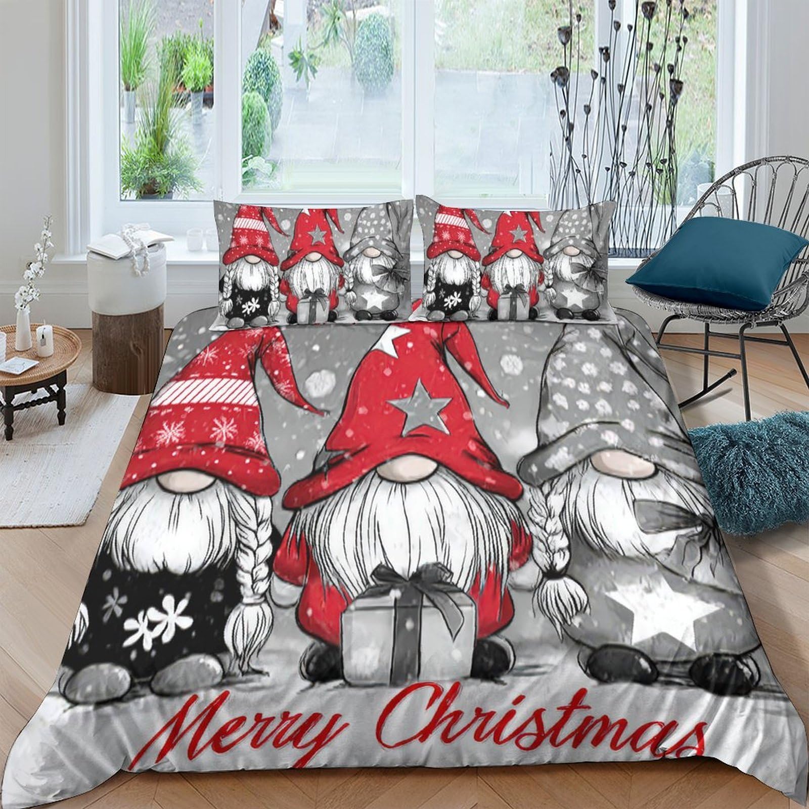 Ctjqhvkz Style-8 3D Printed Christmas Gnome Fitted Sheet Microfiber Red Grey Holiday Bed Cover For Bedroom Guest Room Easy Care Single（135X200cm）