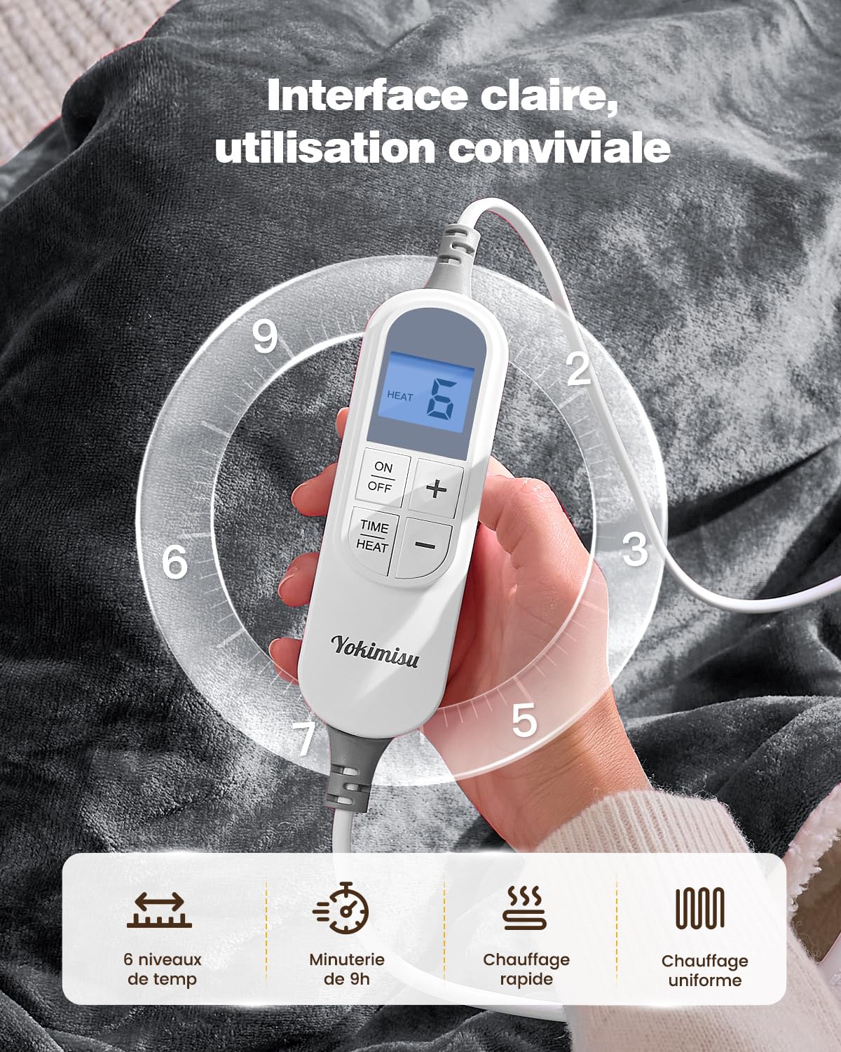 Yokimisu Couverture Chauffante Électrique 180x130cm, Plaid Chauffant avec 6 Réglages de température, Arrêt Automatique, Lavable en Machine, Protection Contre la Surchauffe, Affichage LED (Gris)