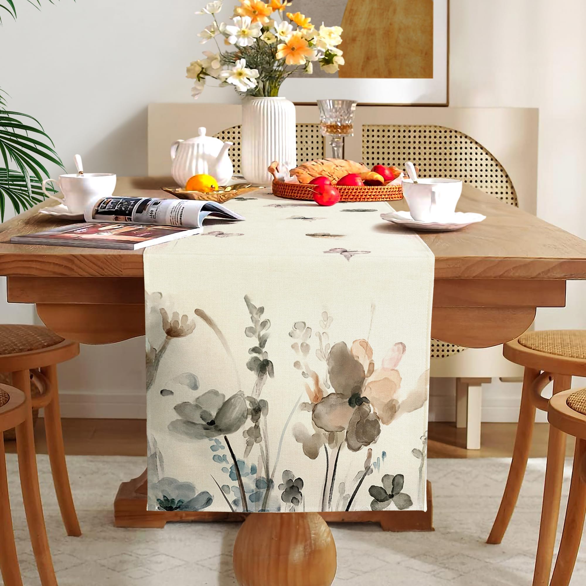 Runner Da Tavolo In Lino Con Stampa Fiori - Decorazione Cucina E Sala Da Pranzo, Lavabile E Idrorepellente - Foto 9