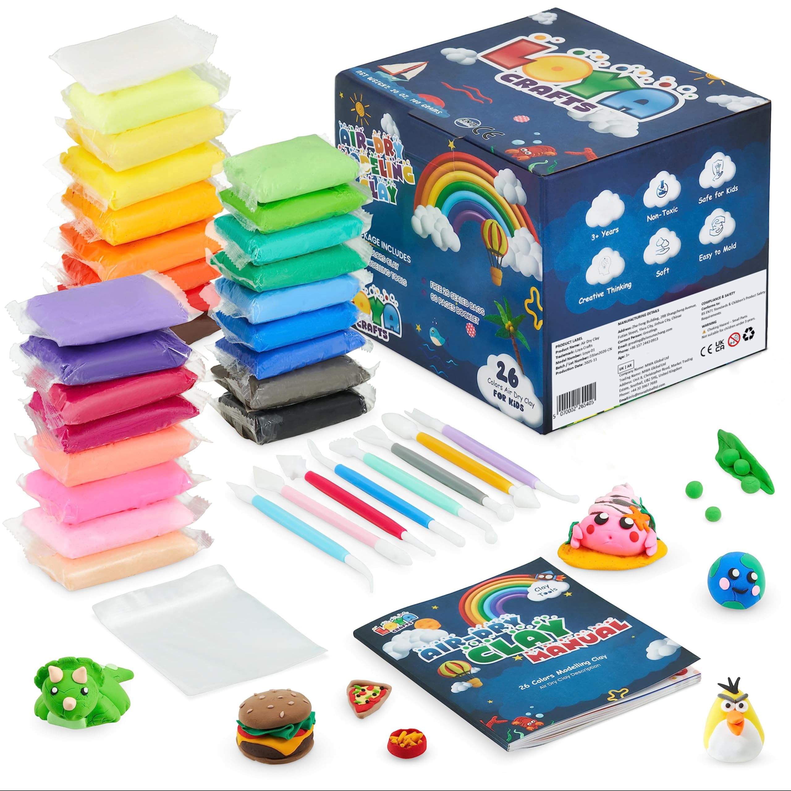 Air Dry Clay for Kids for Kids, 26 Colors Modelling Clay with 8 Tools, Project Booklet, 26 Poly Bags, Soft Ultra Light Magic Clay, Quick Drying Foam Clay for Children, Art & Craft Kits