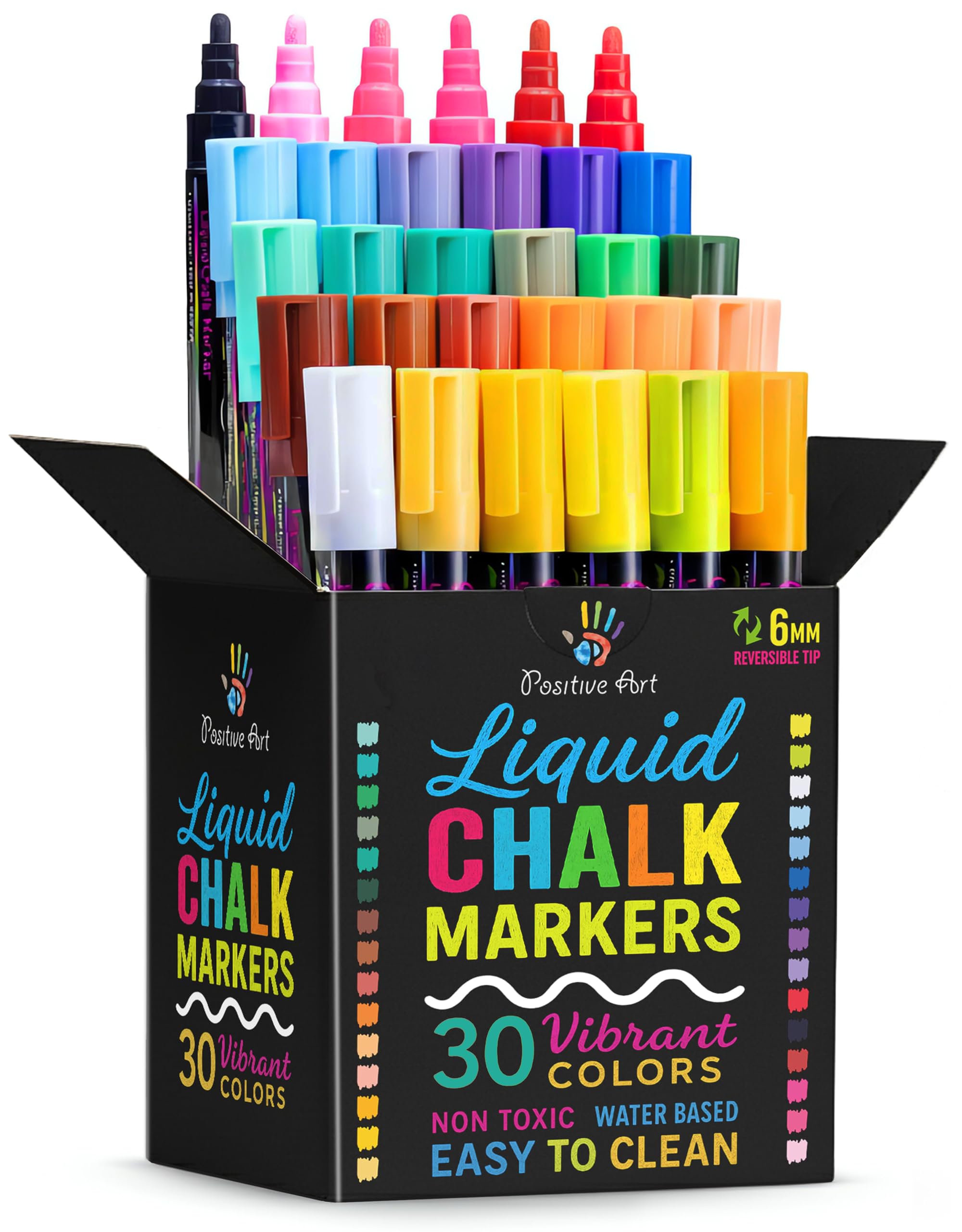 Positive Art Liquid Chalk Markers - 30 Colors, 6mm Reversible Tips - Washable Colored Chalk Pens for Art & Decor - Window Markers for Glass & Metal, Bold Color Dry Erase Marker Pens for Mirros & More