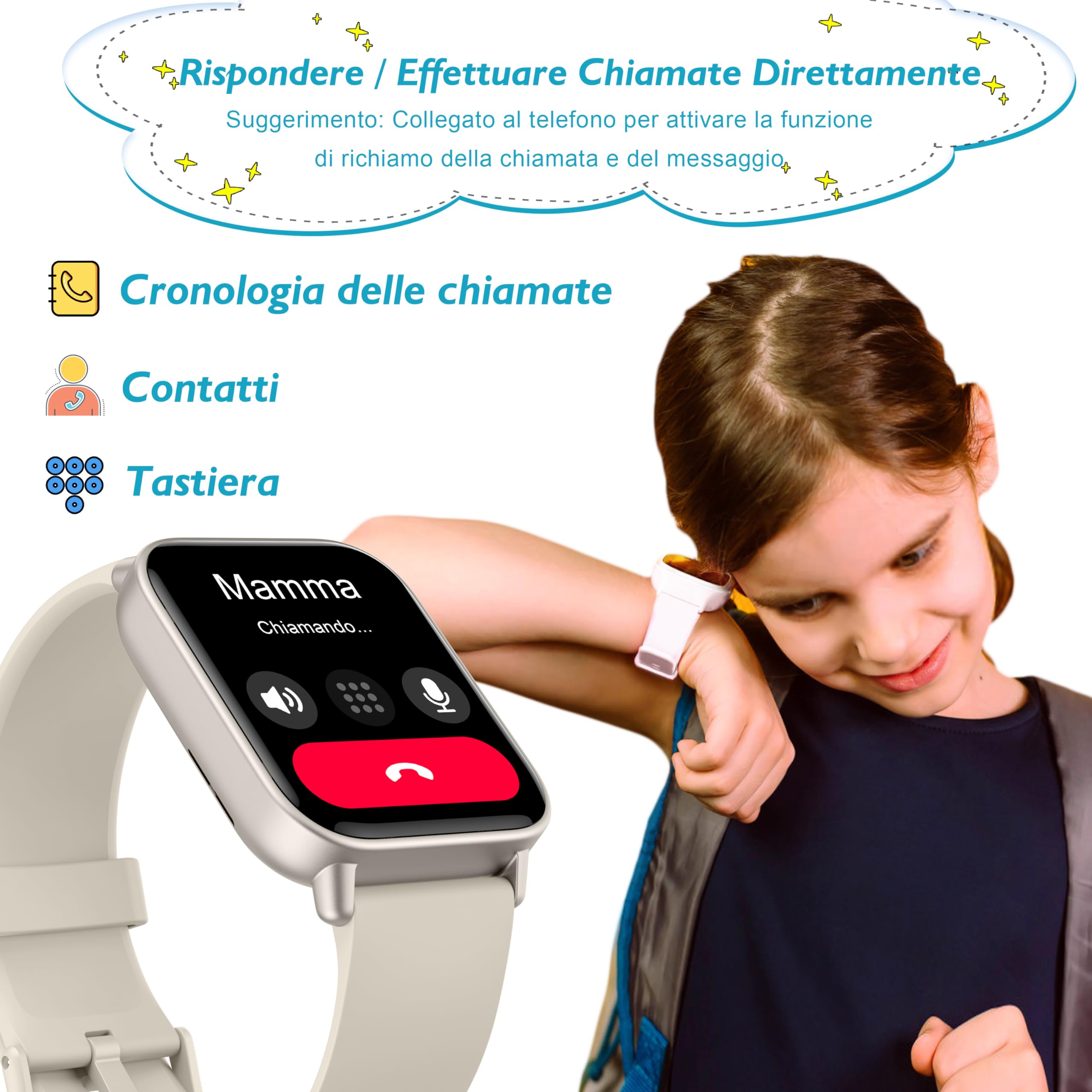 KALINCO Smartwatch per Bambini, Orologio Chiamate, Assistente Vocale, 100+ Sports, Gestione della Salute (Sonno, Frequenza Cardiaca, SpO2, Pressione), Lettore Musicale, Sveglia