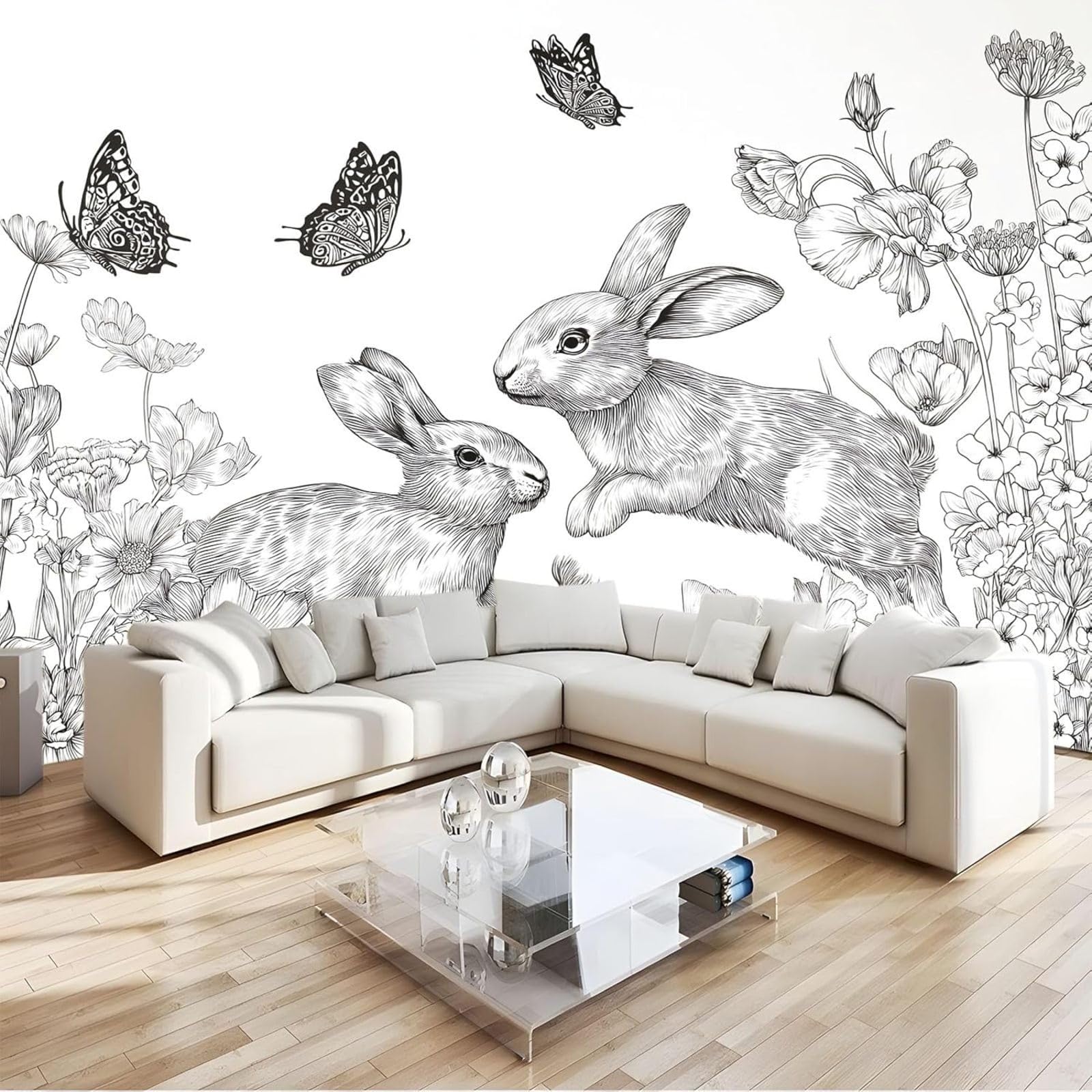 pdghsdkgjh Photo Wallpaper with Grass, Rabbits, Flowers, and Butterflies for Living Room and Bedroom, Modern Home Decor, White, 350cm x 256cm, Stickers - Frameless Painting - Poster