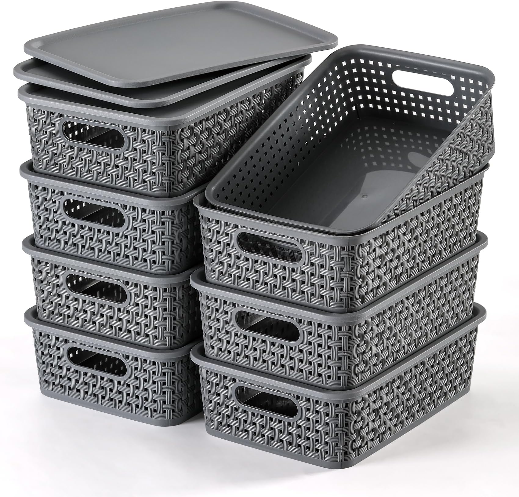 NETANY [ 8 Pack ] Plastic Storage Baskets With Lids, Small Pantry Organization, Stackable Storage Bins, Household Organizers for Cabinets, Countertop, Drawers, Under Sink or On Shelves,Gray
