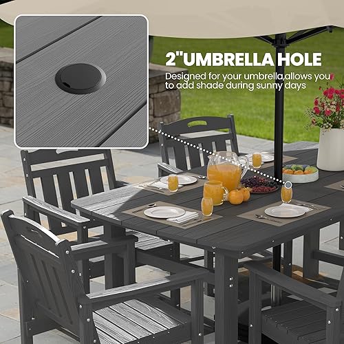 Miniatura 5 de Juego de comedor de patio al aire libre de HDPE con mesa y 6 sillas, juego de mesa y sillas de 7 piezas para todo clima, agujero para sombrilla de 2