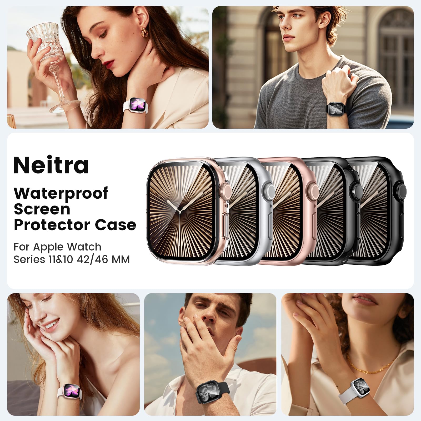 Neitra Twarde etui do Apple Watch Series 10 46 mm, osłona ekranu ze szkła hartowanego, ochronna osłona na całą twarz, twarda obudowa PC, odporna na wstrząsy osłona iWatch do Apple Watch 46 mm