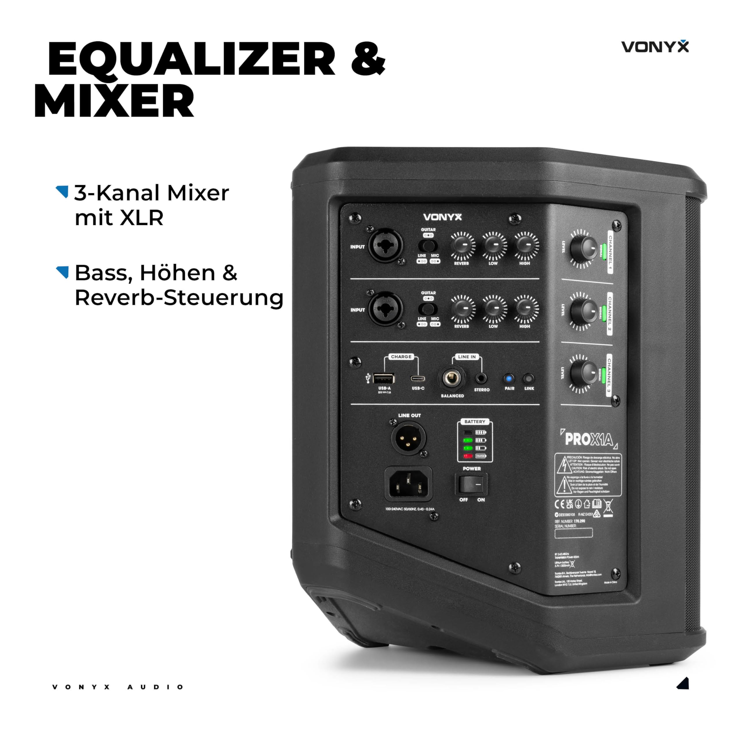 Vonyx PRO X1A - Akku Partybox Bluetooth Lautsprecher Groß, 250 Watt, bis zu 22 Std. Akku, AUX & Line Out, Mobile PA Anlage, 3-Kanal Mixer, Stereo Pairing - Mobile Musikbox Groß, USB & MP3 - Schwarz