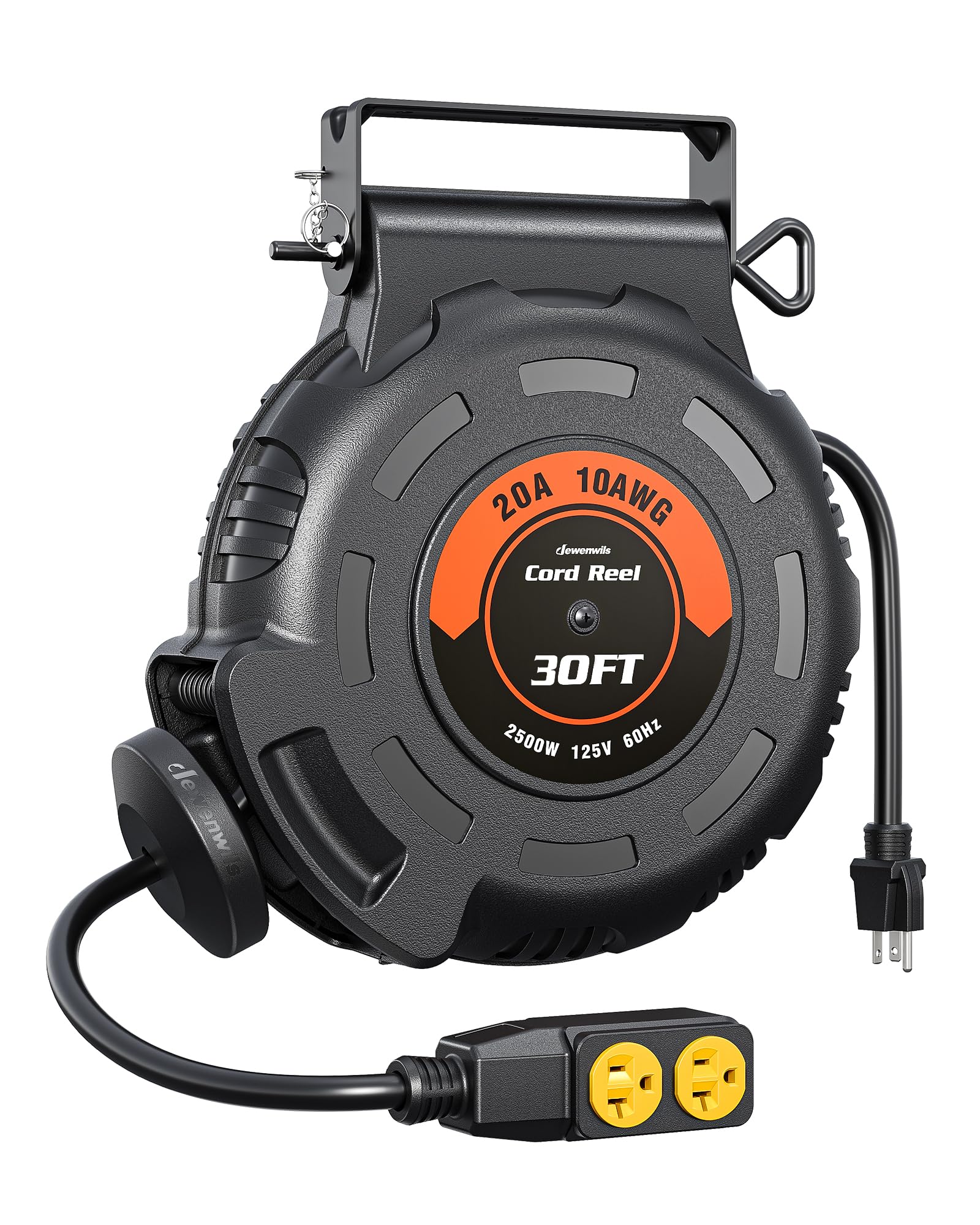 Photo 1 of DEWENWILS 20Amp Retractable Extension Cord Reel, 30FT 2500W Heavy Duty Power Cord Reel, 10AWG/3C SJTW Industrial Cable, 4 Grounded Outlets, 180° Swivel Bracket for Garage Workshop Construction Site