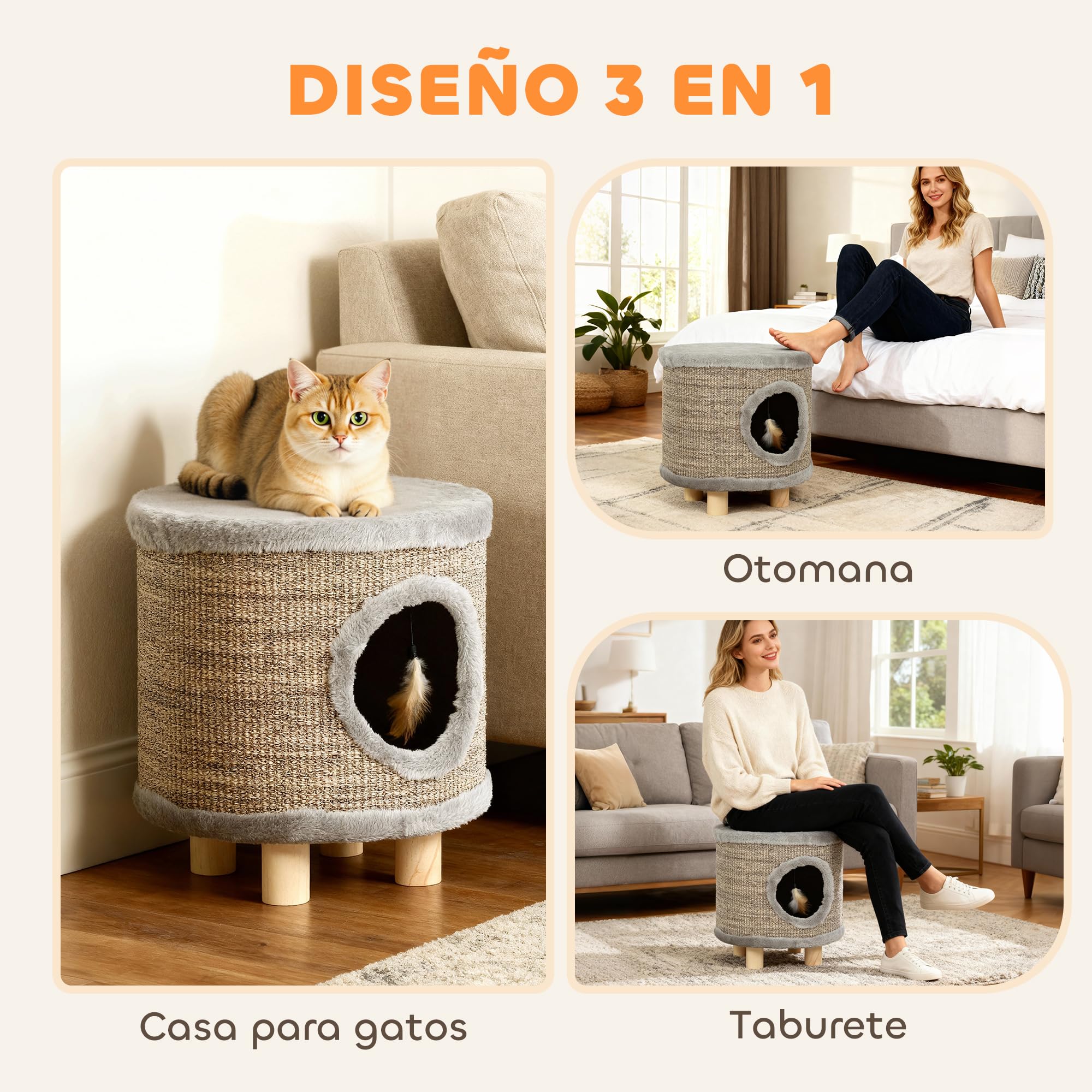 PawHut Casa para Gatos 3 en 1 Taburete, Reposapiés, Cama para Gatos con Rascador, Patas de Madera y Pluma Colgante, Cueva para Interior, 36x36x38 cm, Gris