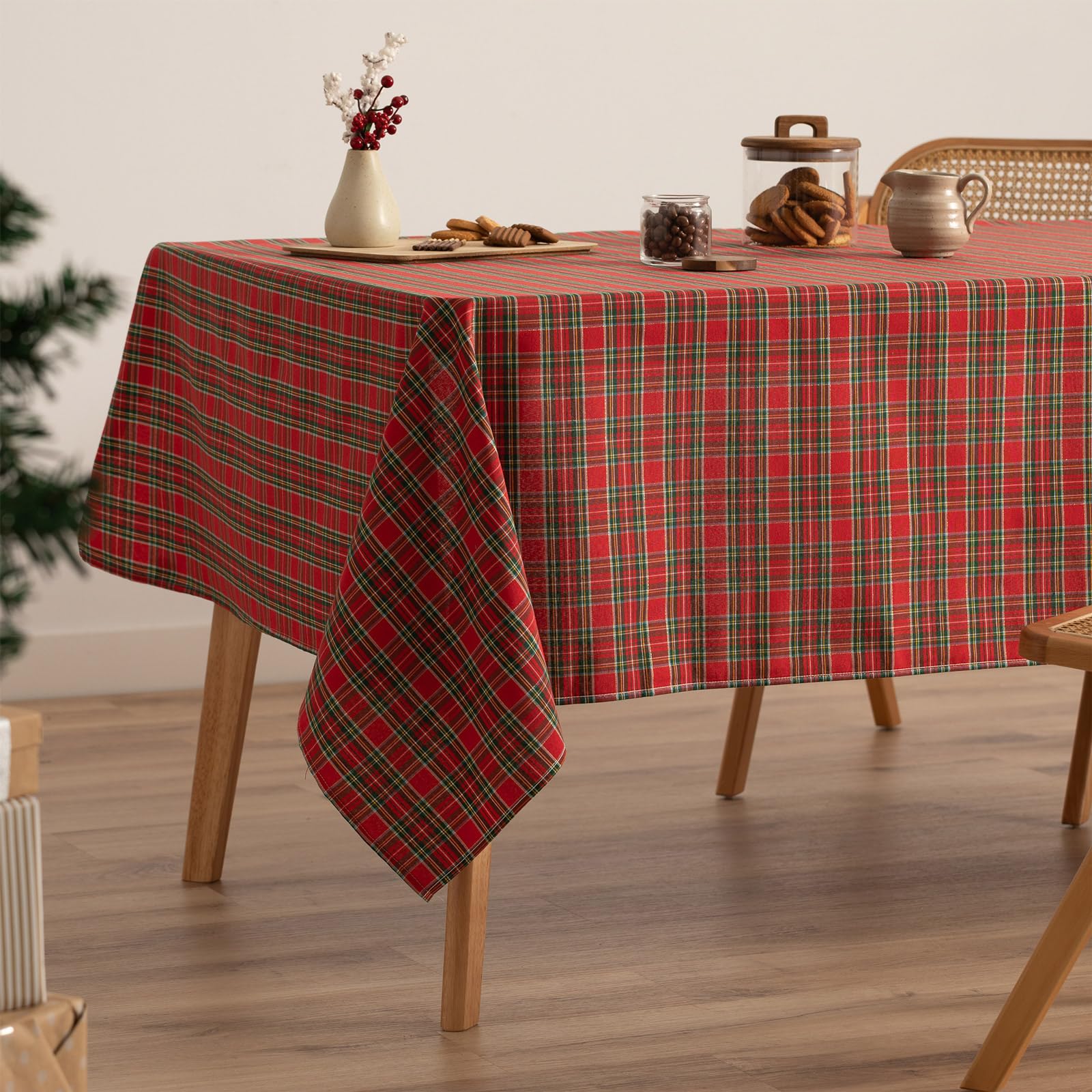 GAMUSI Mantel Mesa Rectangular Navidad Tela Cuadro Rojo Hilo Oro Mesa Comedor Decoración Navideña 140x200 cm Color Rojo