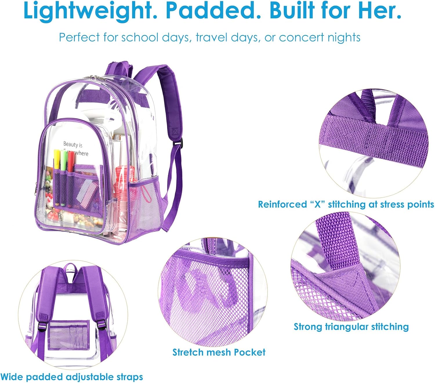 Clear Backpack for Girls and Boys, 16 in Large Clear Bookbag, Purple image 4