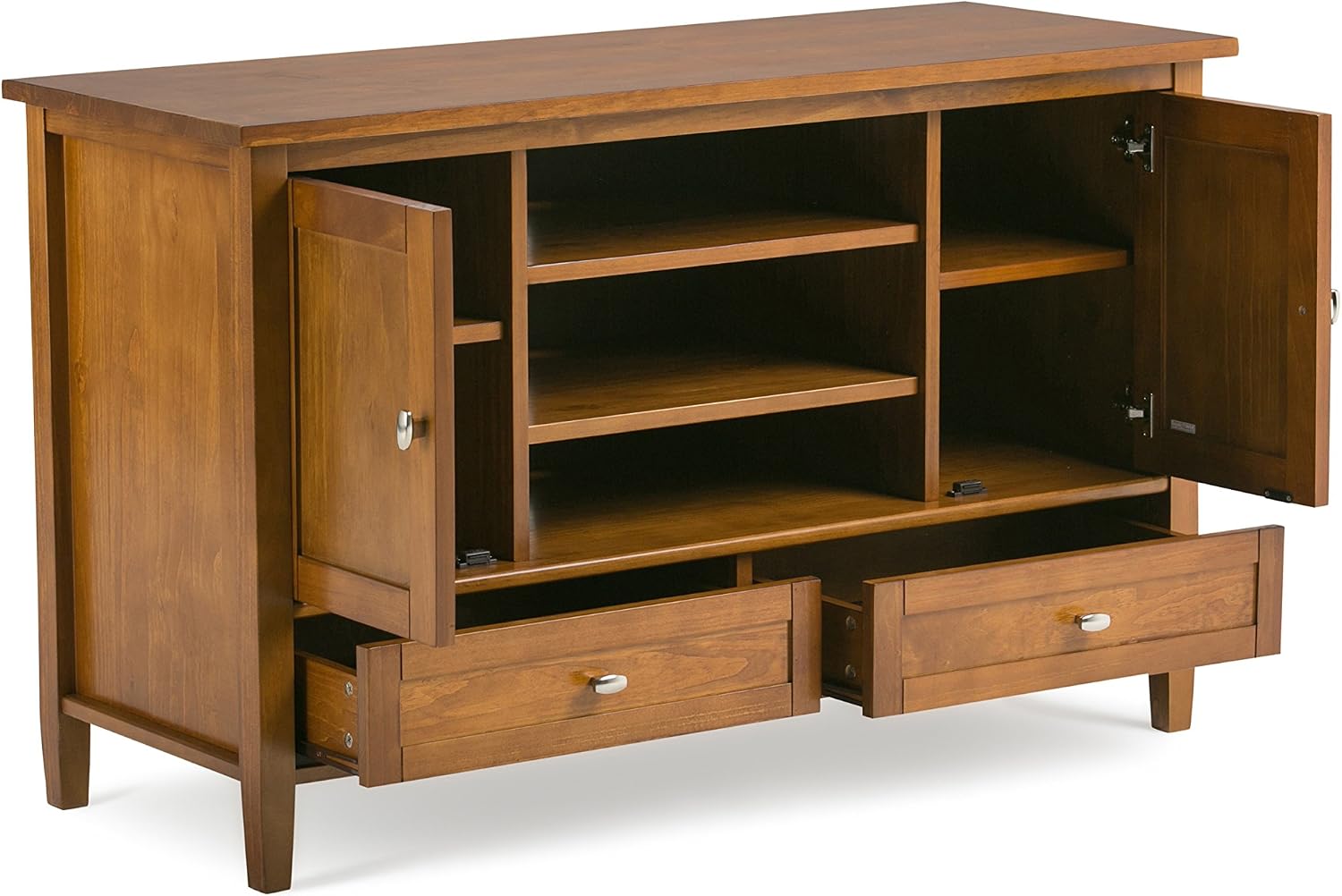 SIMPLIHOME Bedford SOLID WOOD Universal TV Media Stand, 53.9 inch Wide, Living Room Entertainment Center, Storage Cabinet with Glass Doors, for Flat Screen TVs up to 60 inches in Dark Tobacco Brown