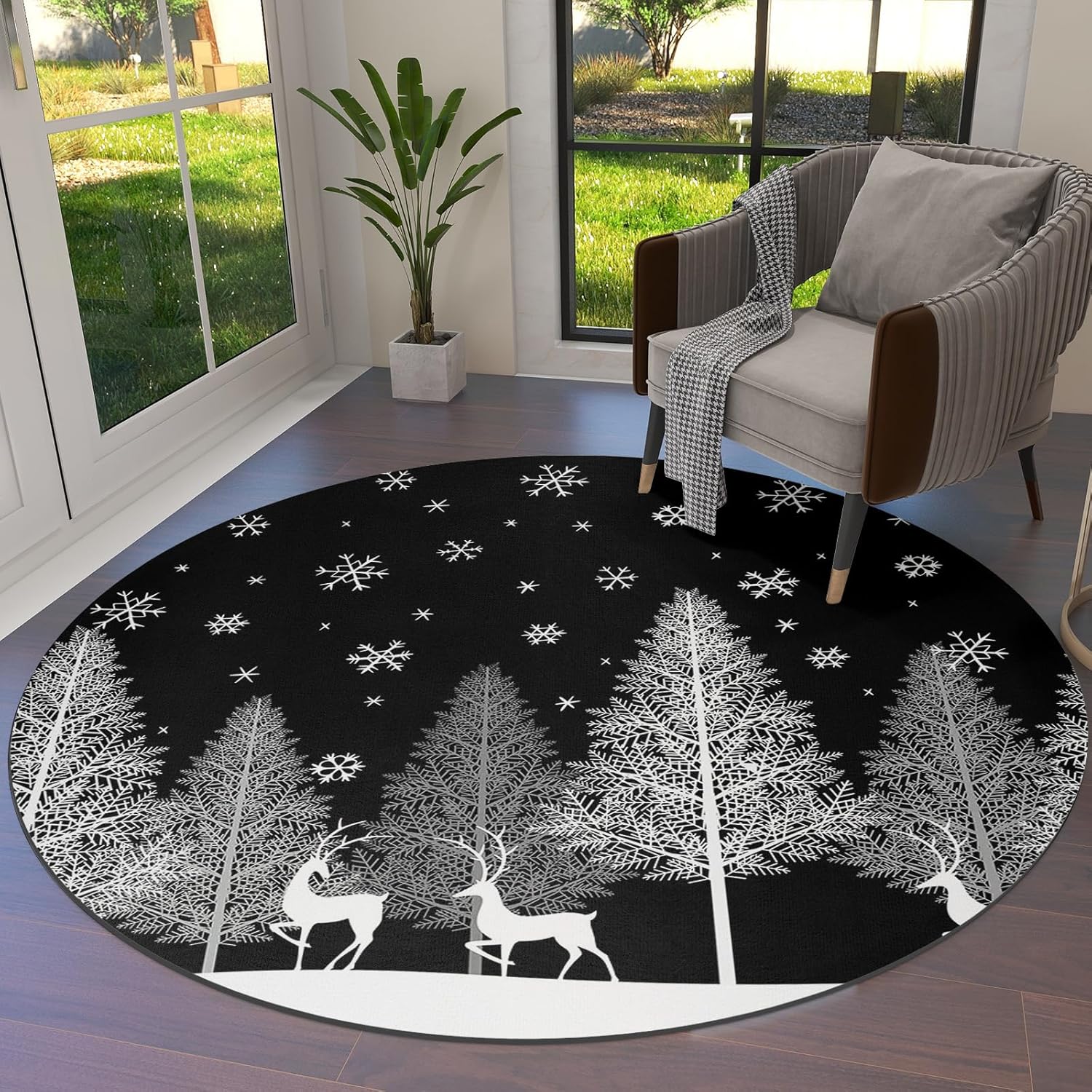 Christmas Round Area Rugs, Christmas Tree Forest Elk Winter Snowflake ...