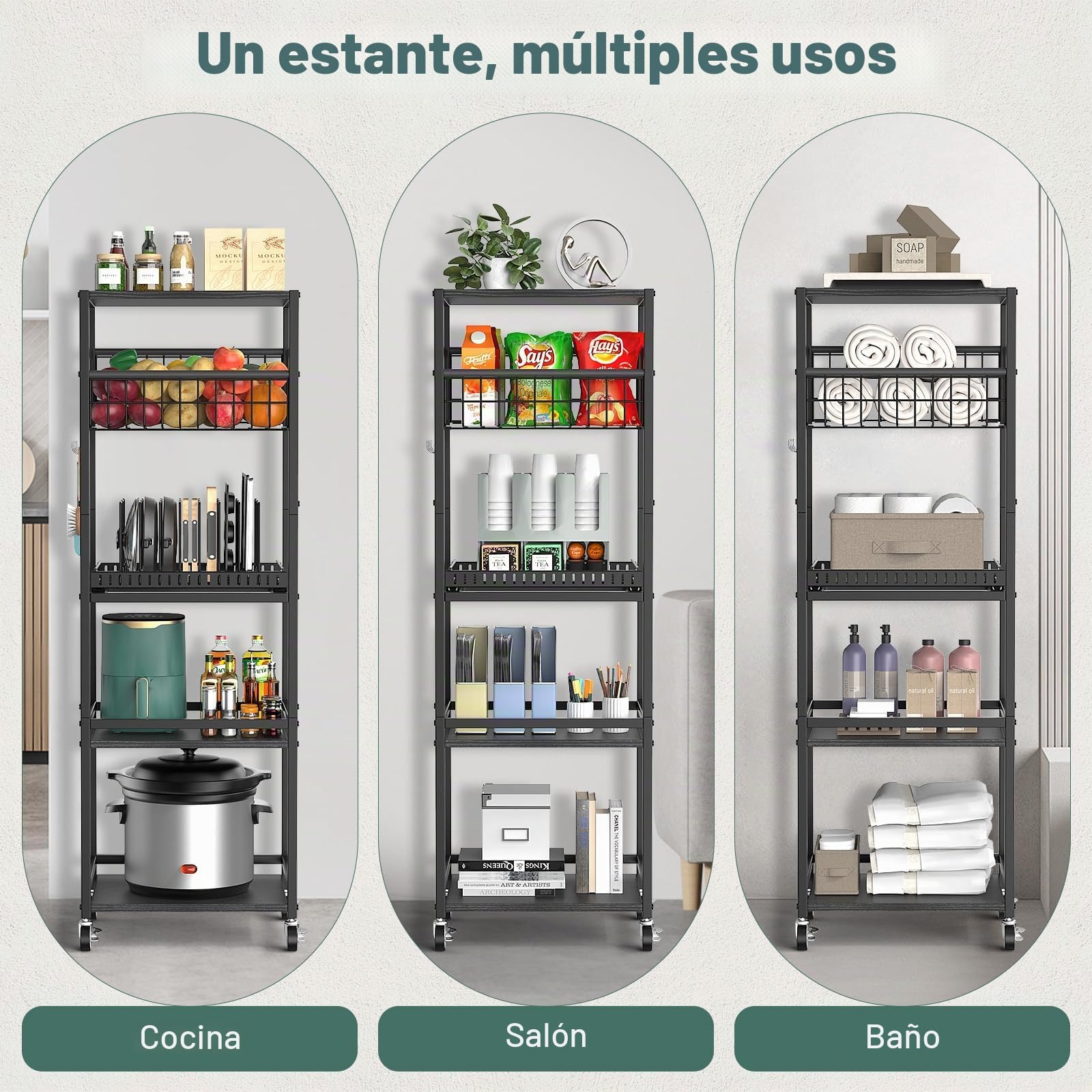 Housolution Carro Rodante de Cocina de 5 Niveles, Carrito con Cesta Metálica y Organizador Extraíble para Tabla de Cortar y Tapa de Olla, Estantería con Tapa de Madera para Cocina, Despensa, Baño