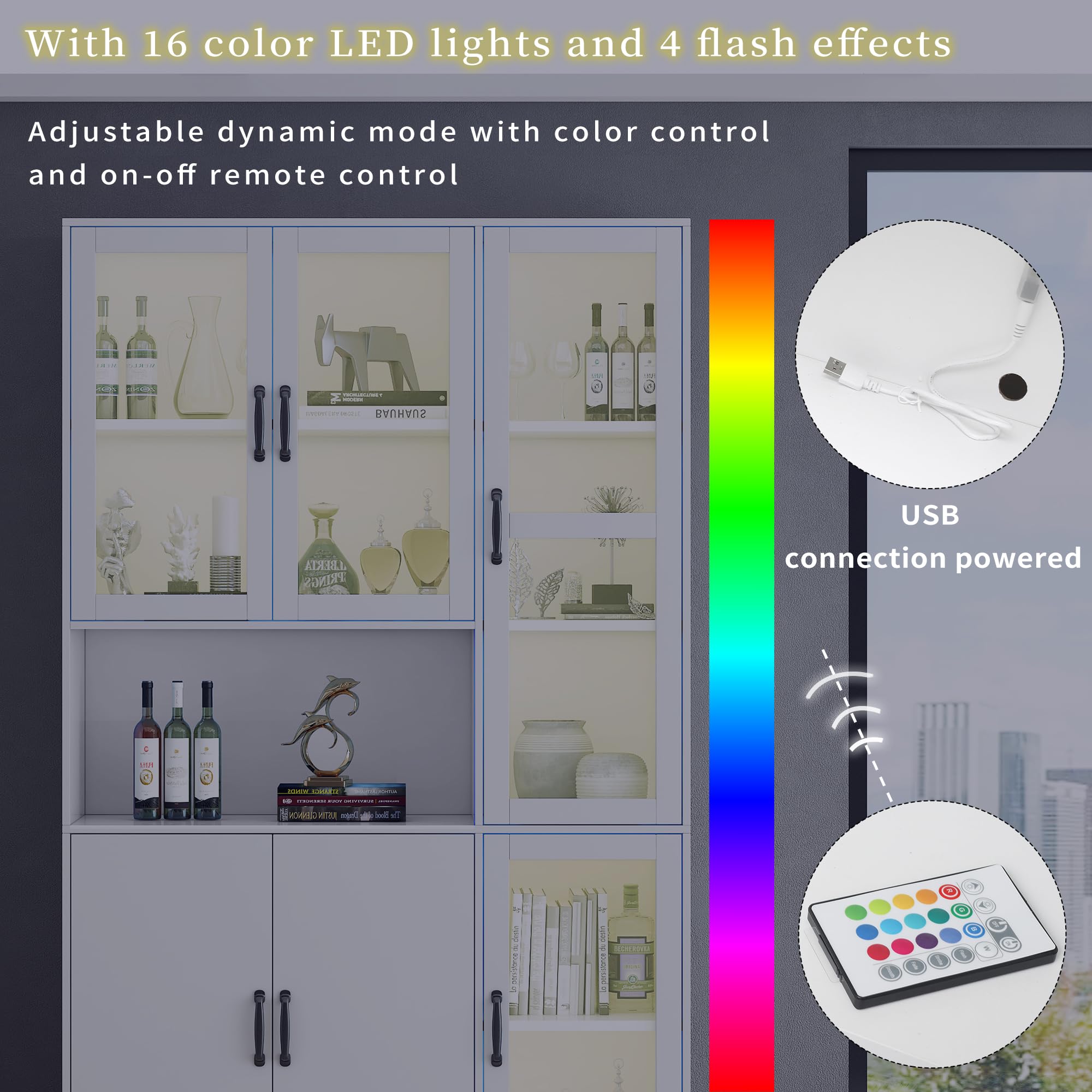 I0I&I0I Vitrina blanca para libros, gran cocina, despensa, estantería de lujo con luz LED, armario de vitrina con estantes para salón (120 W x 40D x 200 H)