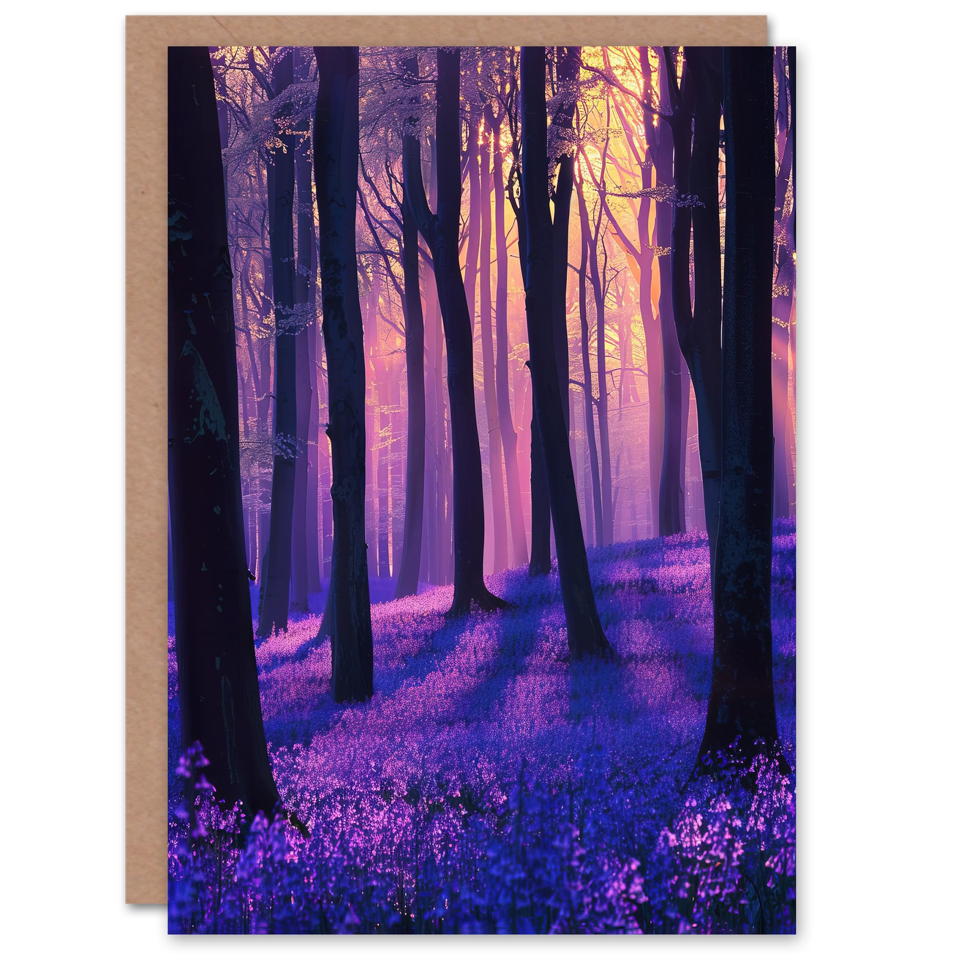 Artery8 Realistic Purple Bluebell Forest Artwork Dawn Sun Greeting Birthday Card Him Her All Blank