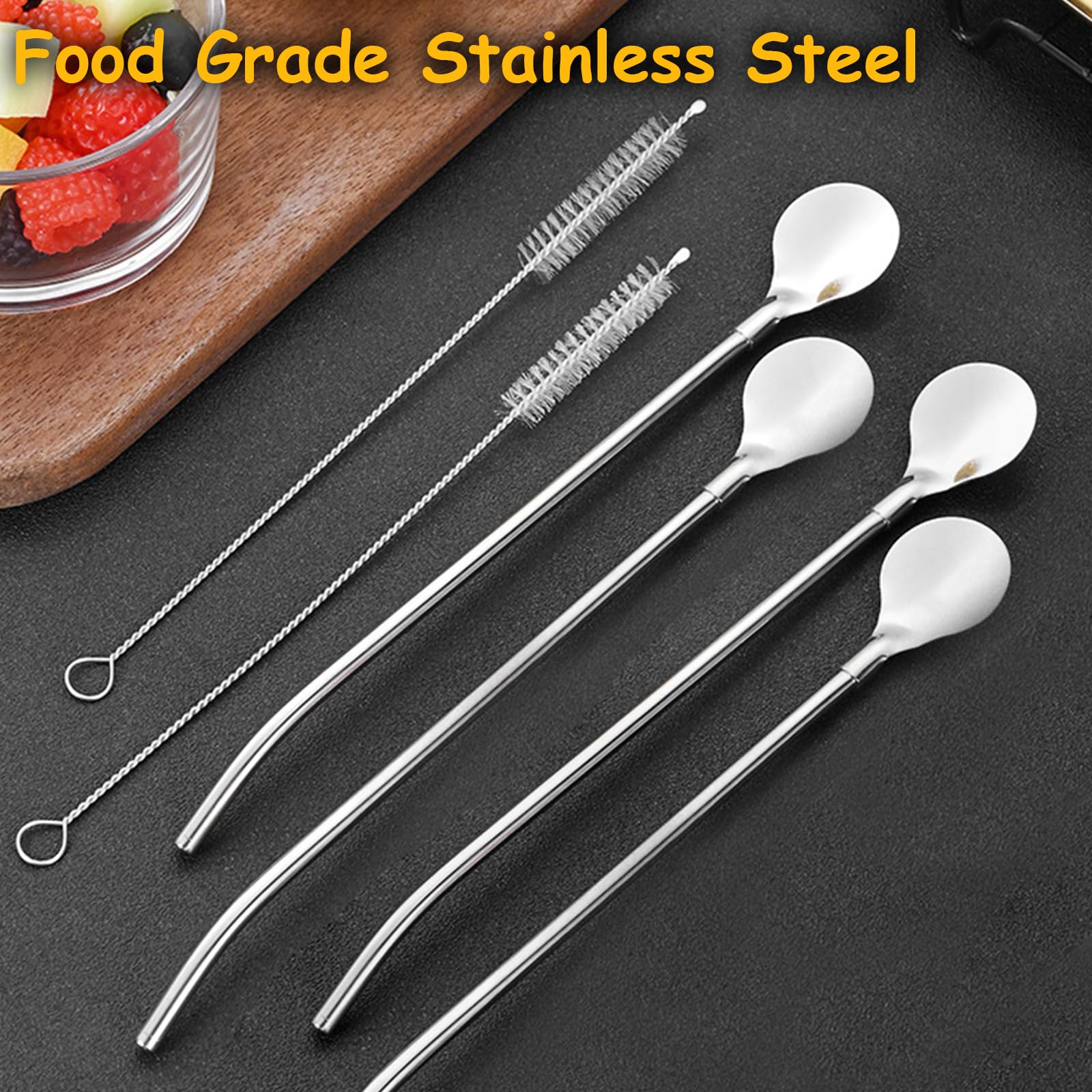 12 Stück Strohhalm Löffel 2 in 1 Strohhalme Edelstahl Trinkhalme Strohhalmlöffel mit 2 Stück Reinigungsbürste für als Latte Macchiato Cocktail Milchshakes, Silber
