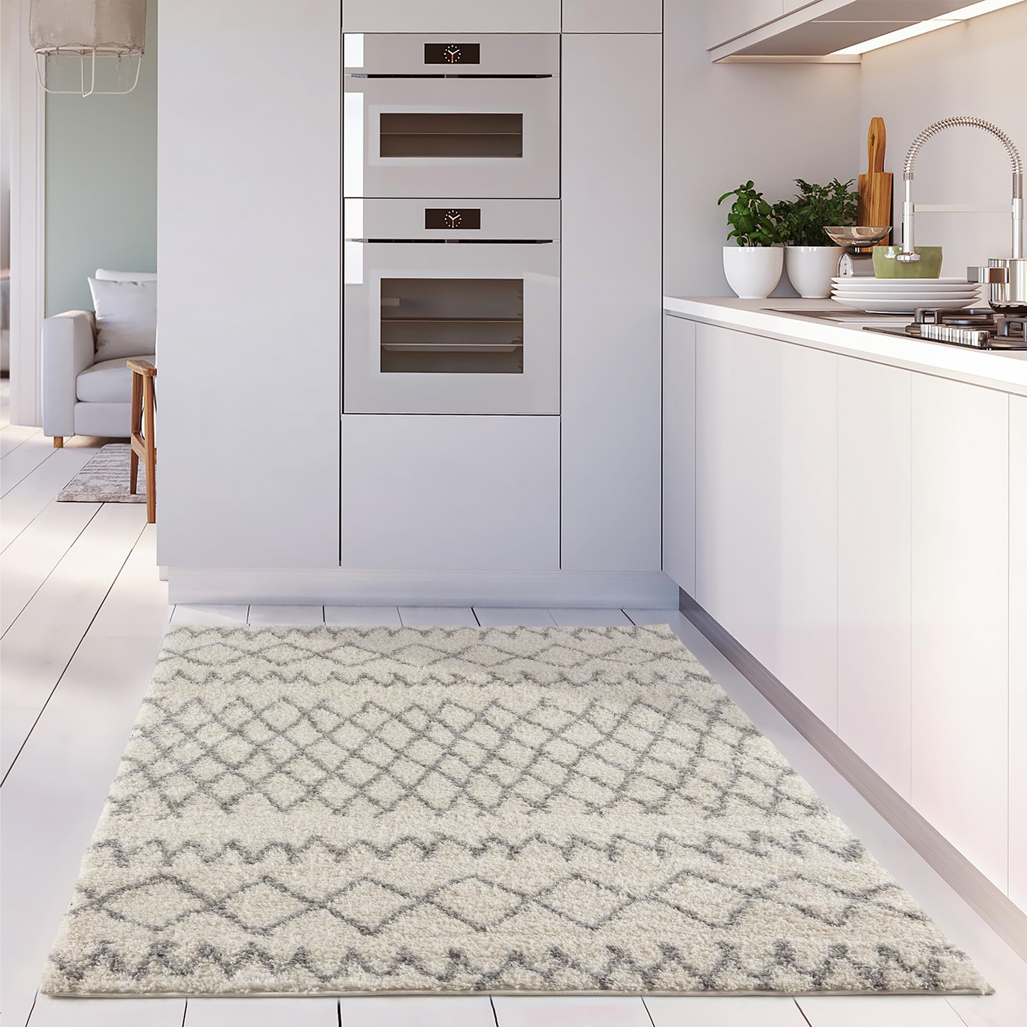 THE RUGS Modern Moroccan Design Living Room and Bedroom Rugs, Non-Shedding & Easy Care (Tangier Ivory/Grey, 80x150 cm) - Image 3