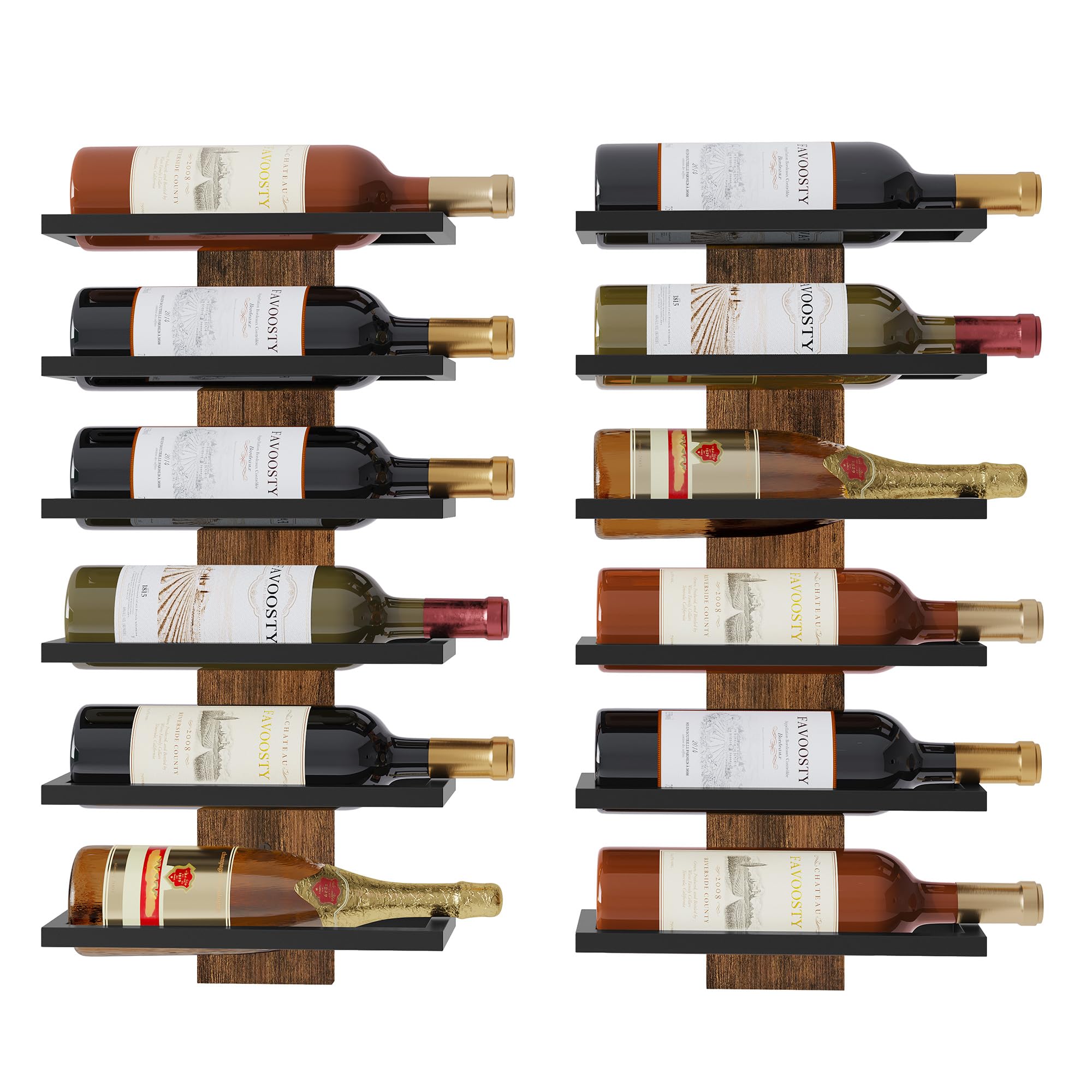 FAVOOSTY Wine Rack Wall Mounted 2Pcs, 6 Tier Metal Wine Display Rack, Wine Rack Storage Holder Display Rack for Kitchen, Dining Room, Bar, Wine Cellar, Black
