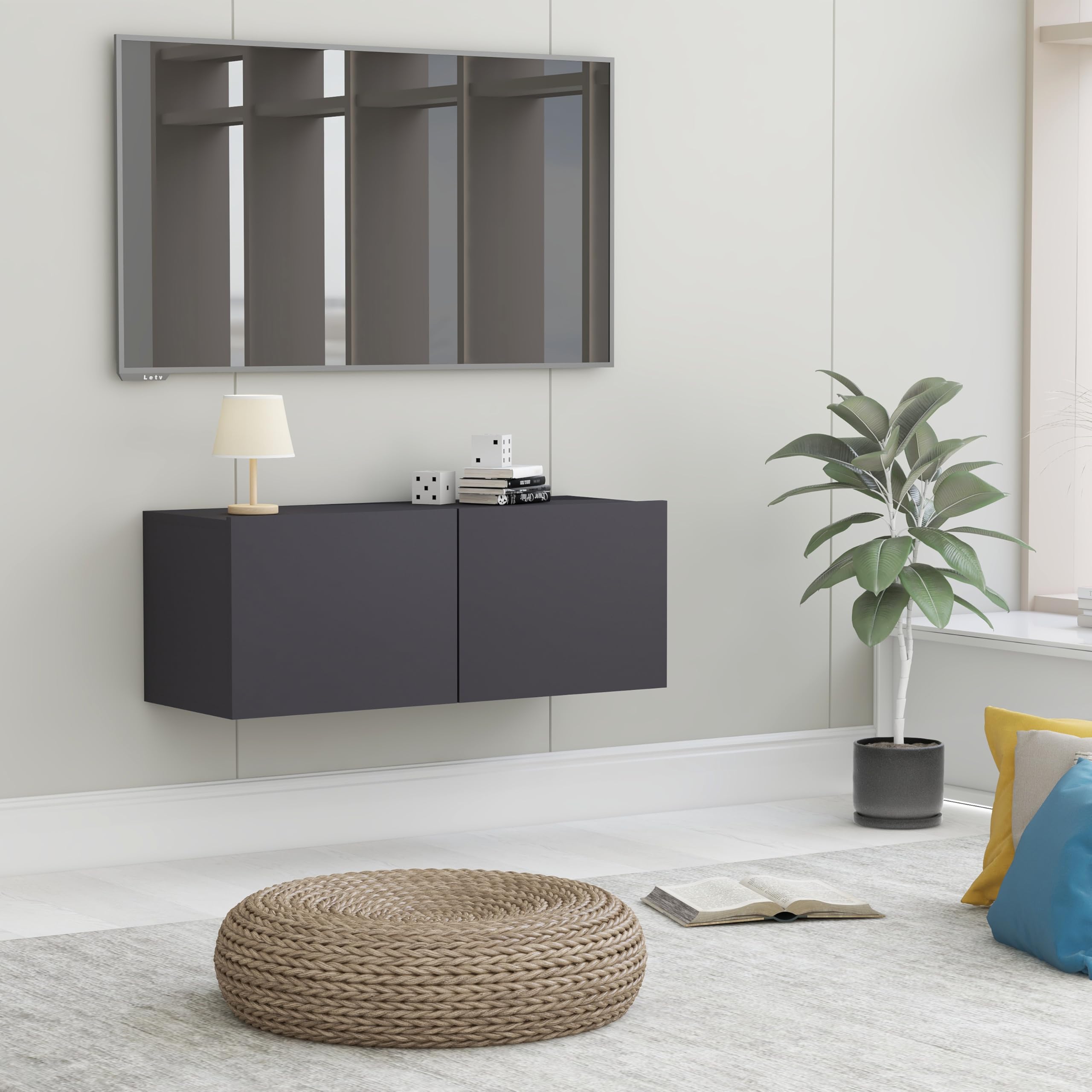 TV-Schrank zur Wandmontage, Grau, 80 x 30 x 30 cm, Holz, mehrschichtig | Schiebetüren, 2 Fächer, Kapazität 60 kg, einfache Montage, feuchtes Tuch