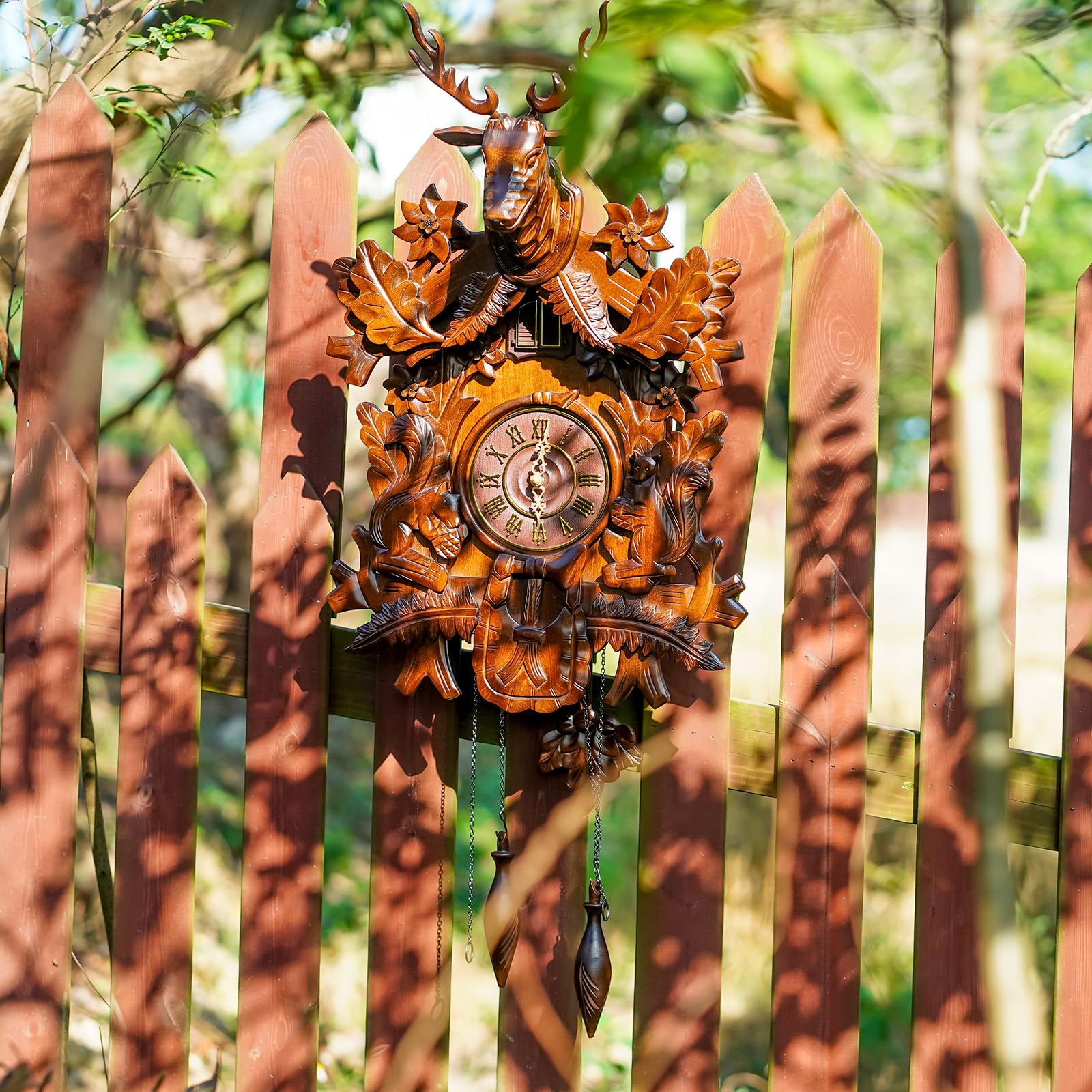 Ninefish Exquisite Cuckoo Clock with Melodious Chime: Unique Stag Head, 10 Leaves, and 2 Adorable Squirrels - A Timeless Timepiece