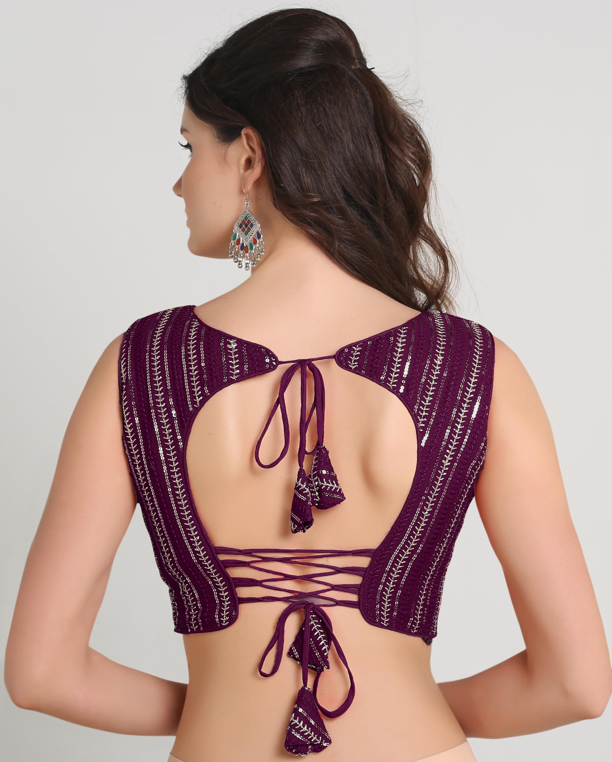 Pujia Mills Women's Indian Ethnic Wear Sabyasachi Sequence With Dhaga Embroidered Zari Work Sweetheart Neck Blouse Sleeveless Readymade Padded Saree Back Open String Pattern Blouse