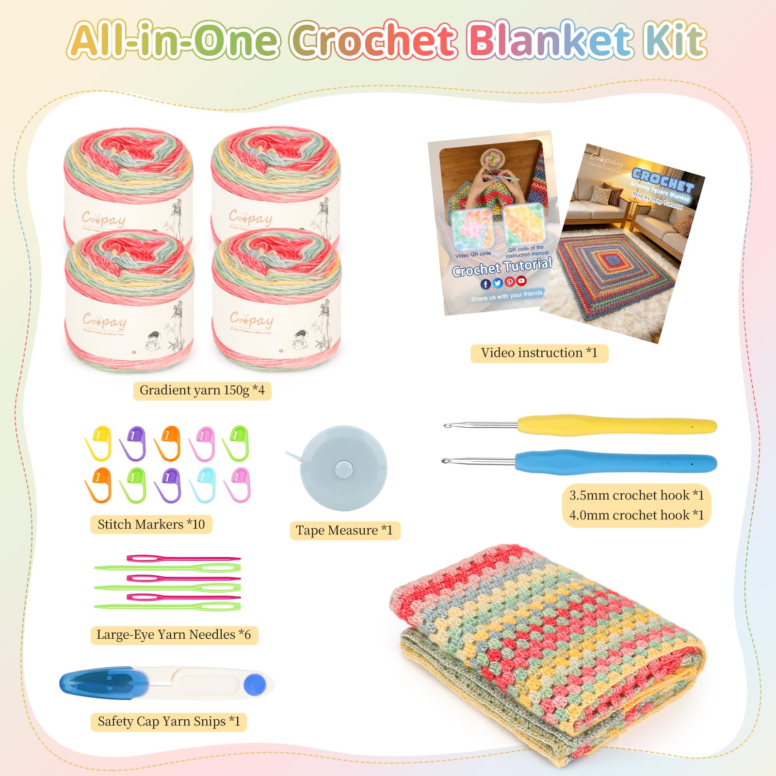 Coopay Kit de manta de ganchillo, kits de ganchillo para principiantes y adultos, kit de ganchillo cuadrado súper fácil con video paso a paso e hilo degradado, degradado de bosque