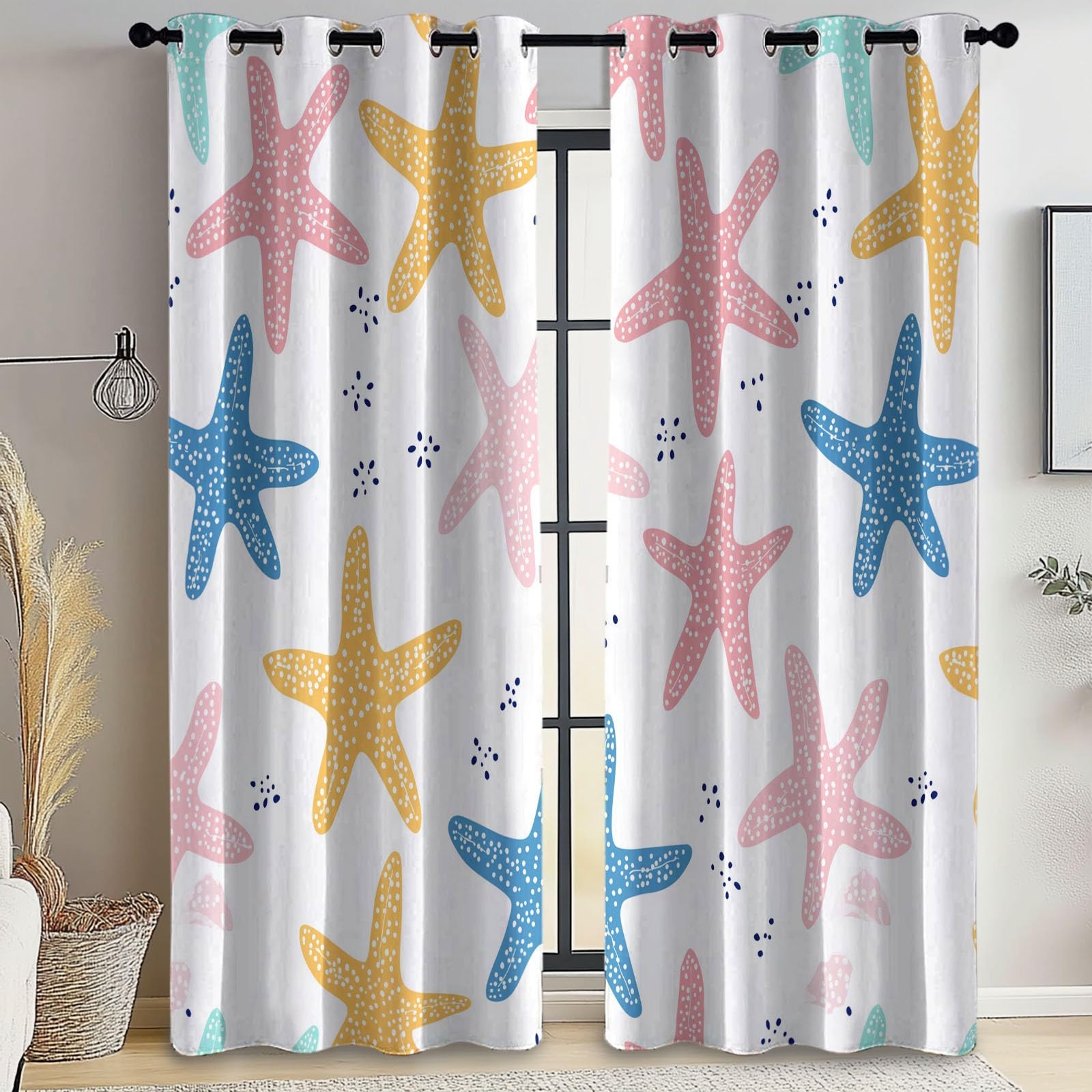 Blackout Curtains Bedroom Simple Style Starfish Pattern, Geo-Thermal Insulated Energy Efficiency Window Treatment Sets Privacy Grommet Drapes for Kids Room 52