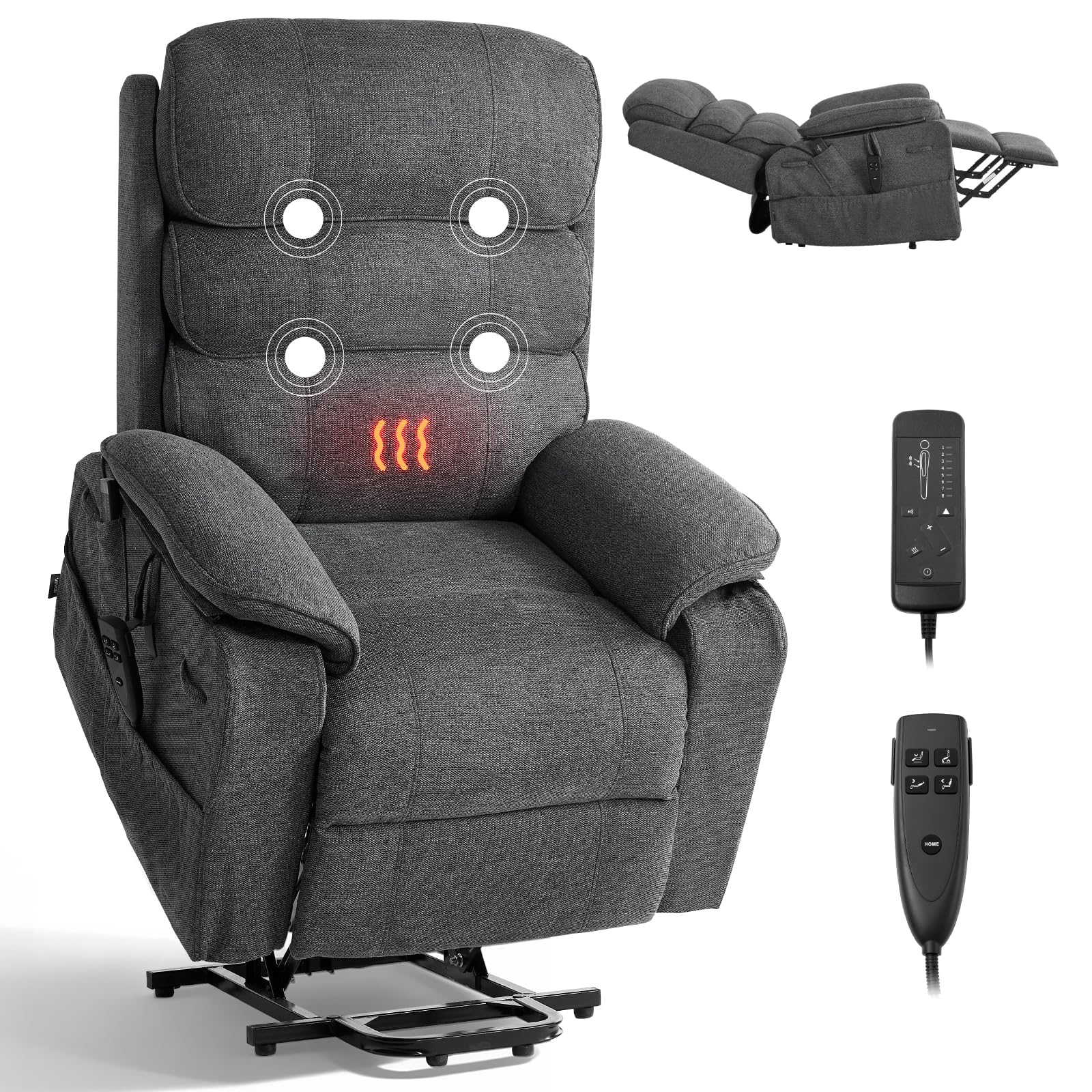 VEVOR Fernsehsessel Elektrisch, Relaxsessel mit Aufstehhilfe, Wärme- & Massagefunktion, Seniorensessel Stufenlose Verstellung, Massagesessel mit Chenille-Bezug & Fernbedienung, Dunkelgrau