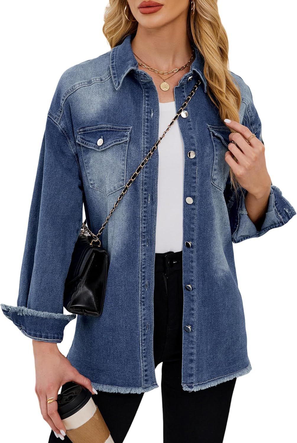 Womens Oversized Button Down Frayed Hem Denim Shacket Casual Long Sleeve Jean Jackets 2026 Spring Outfits - Image 2