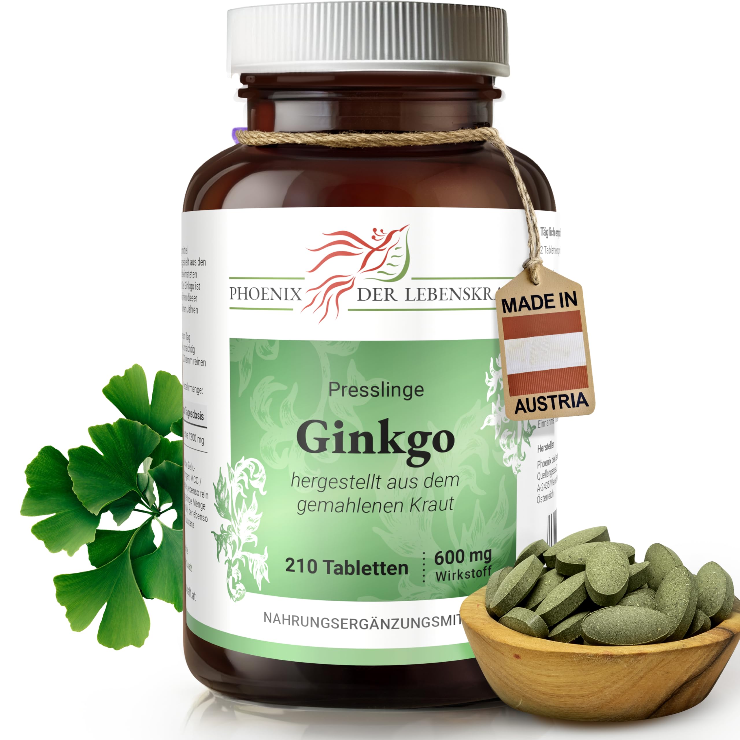 Ginkgo Tabletten 600 mg | 210 Tabletten mit Ginkgo biloba Blattpulver | Hergestellt in Österreich | Tabletten statt Kapseln, 600 mg pro Tablette | Japanischer Nussbaum, Fächerblattbaum, Tempelbaum