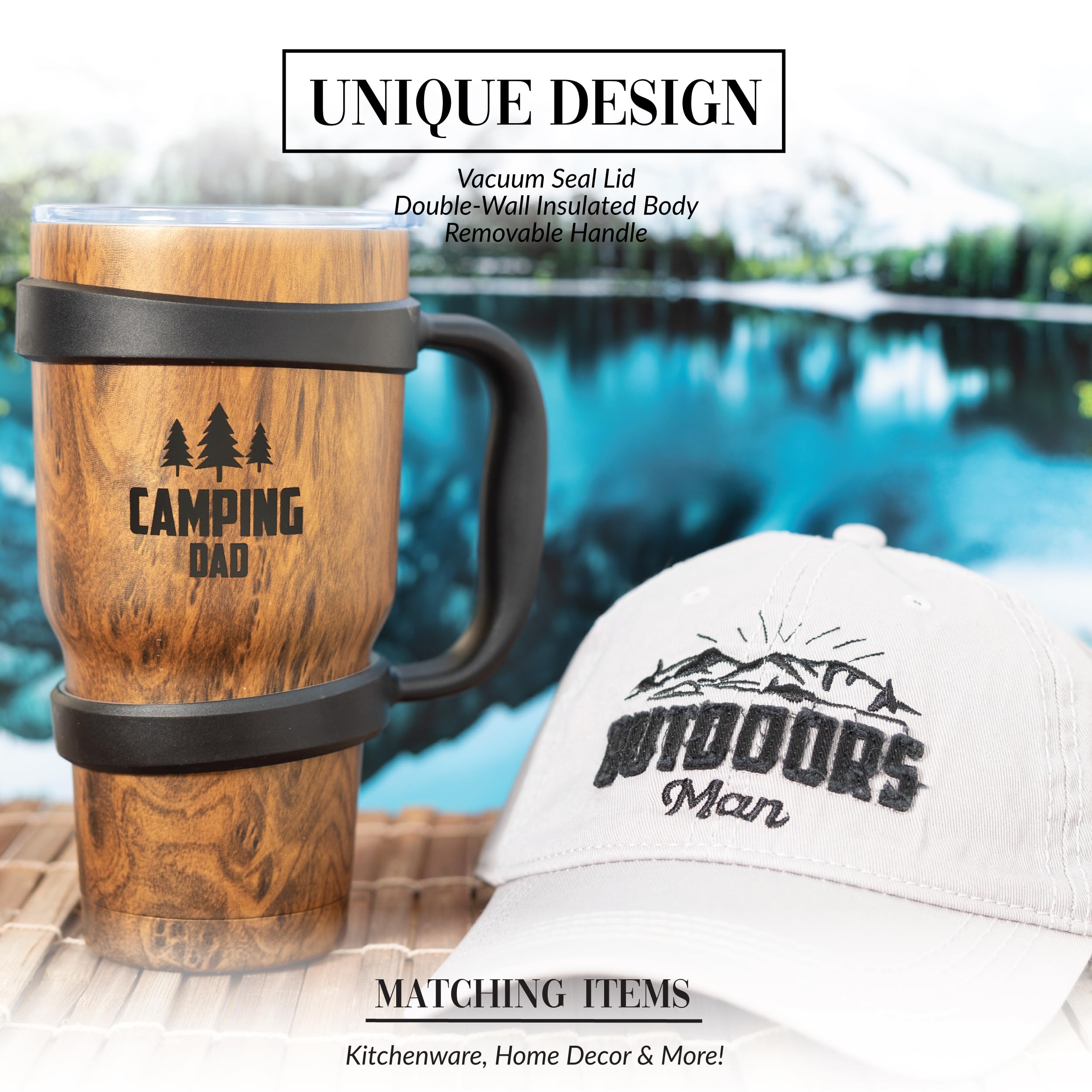Pavilion - Taza de café de viaje de gran capacidad de acero inoxidable de 30 onzas con aislamiento térmico y frío para 6/12 horas, mango extraíble, tienda de campaña, cabaña, campamento, regalo de