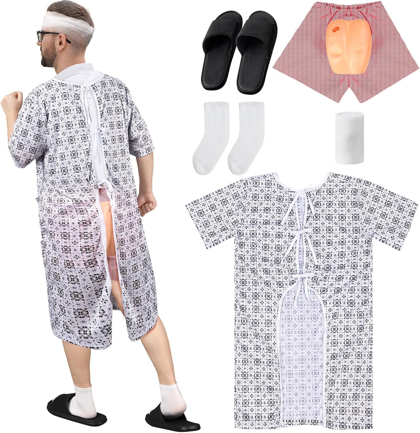 5 Pcs Patient Gown Hospital Gown Halloween Costume Set for Adult Funny Shorts for Halloween Cosplay Party Men Women