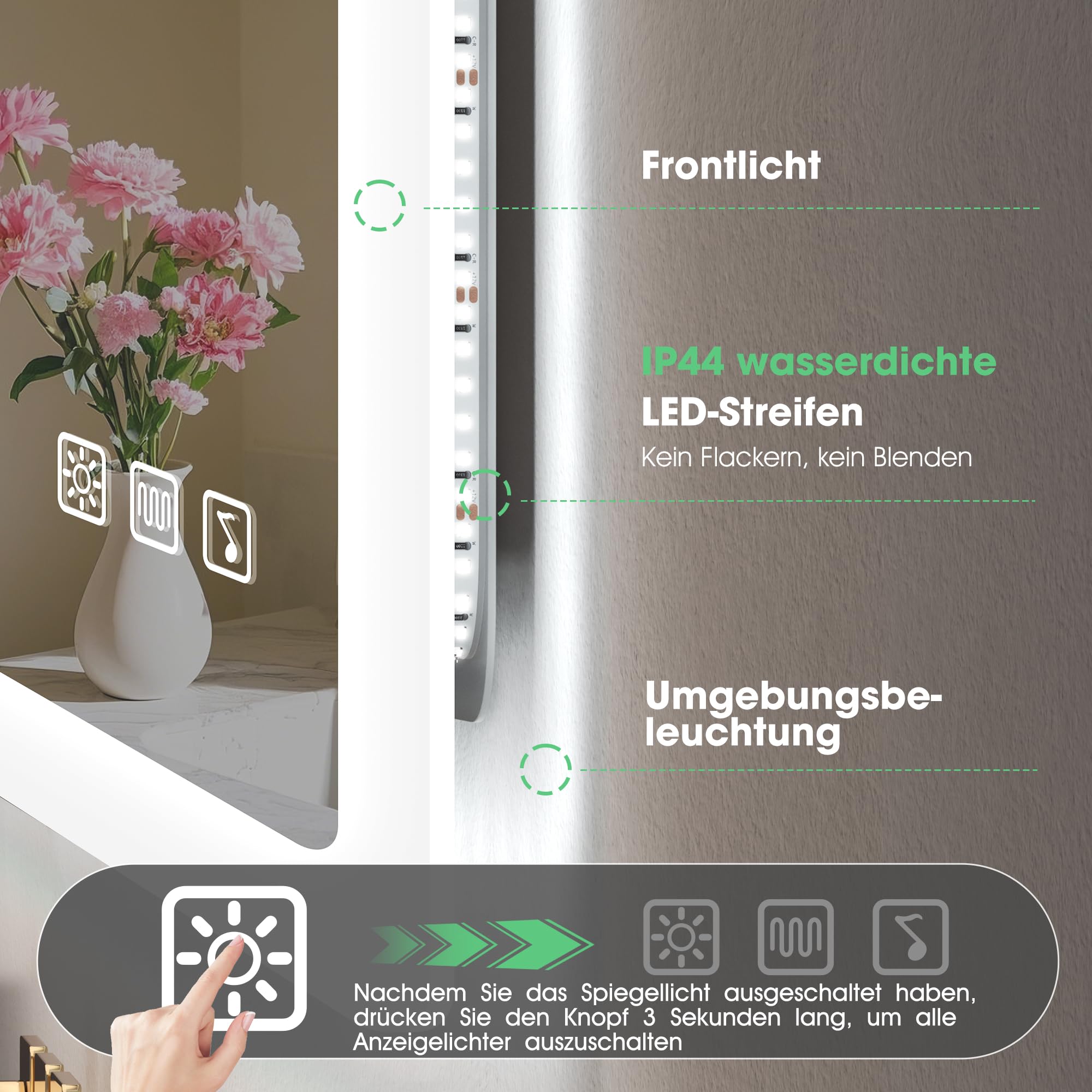 S'bagno Badspiegel-mit-Beleuchtung 140x80cm, Led-Badezimmerspiegel-mit-Licht, Bluetooth, Entfoggen, 3 Farben, Dimmbar, Speicherfunktion, Gehärtetes Glas, IP44 Wasserdicht, Horizontal/Vertikal