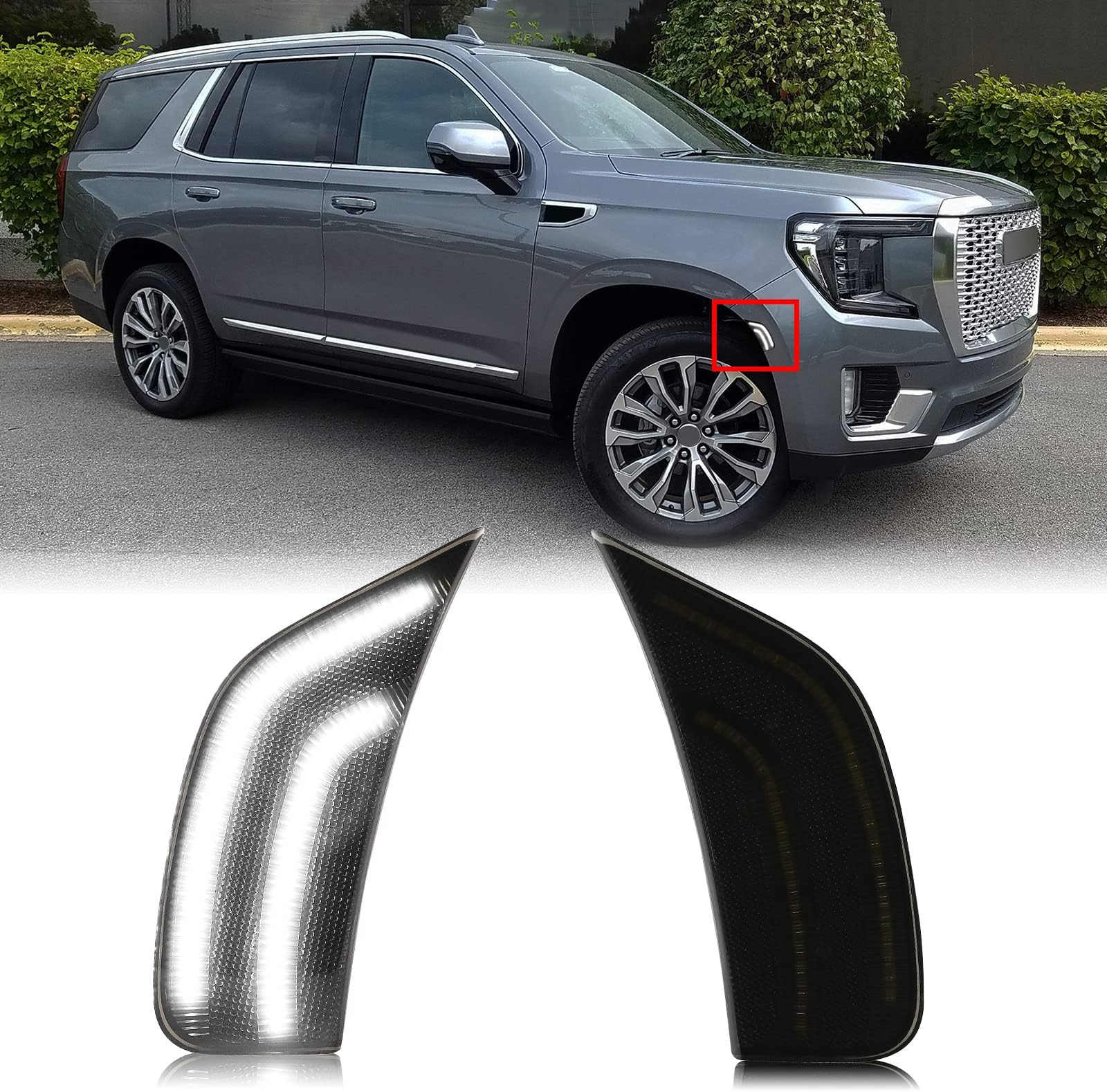 Smoked Lens LED Side Marker Lamp Compatible with 2021-2024 Yukon/Yukon Denali/Yukon XL/Tahoe/Escalade/Suburban/Escalade ESV Driver Passenger Sidemarkers Lamp White Front Fender Lights
