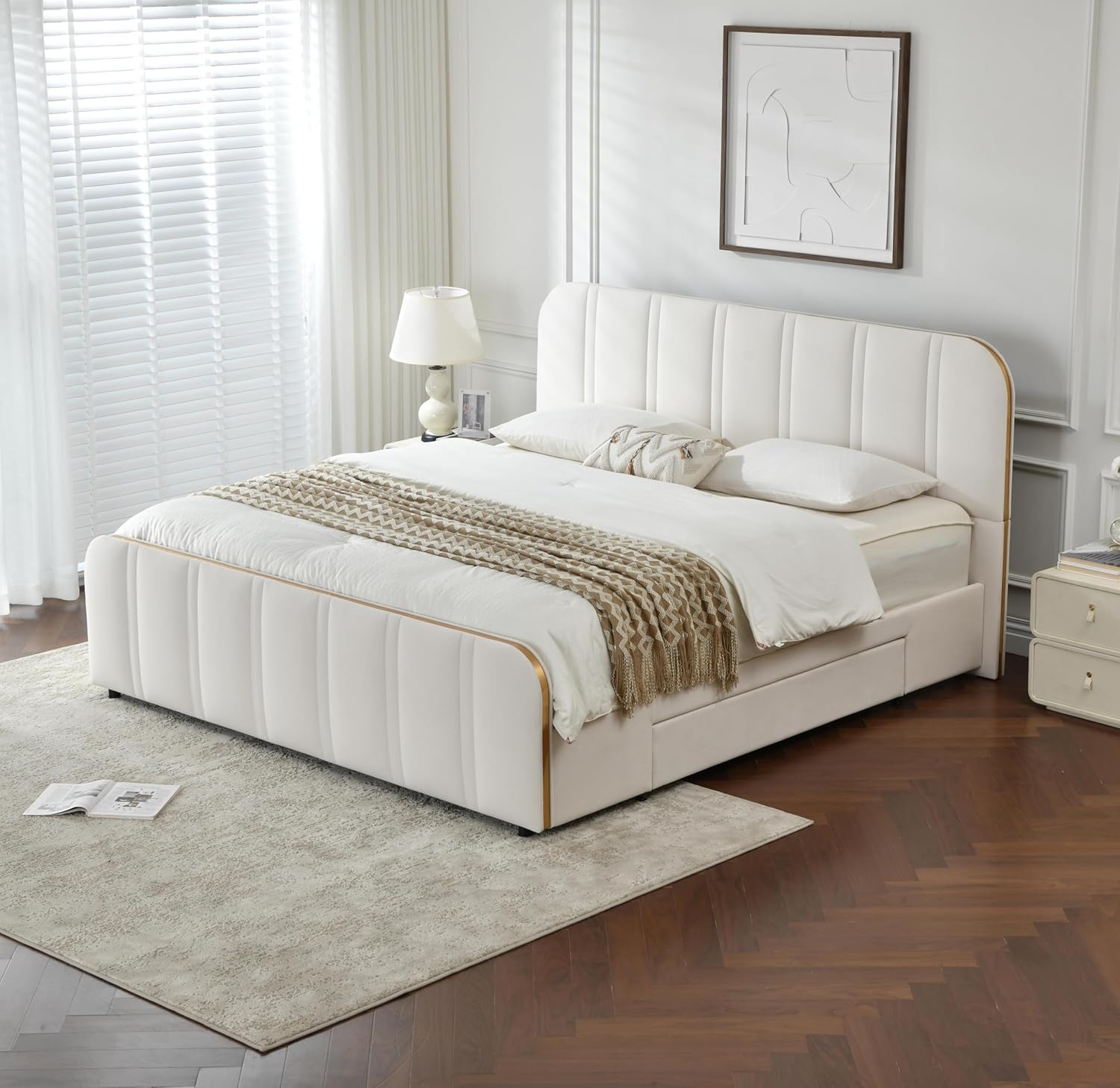 Upholstered Storage Bed Frame with Gold Trim, 2 Wooden Drawers, No Box Spring Required (White, King (U.S. Standard))