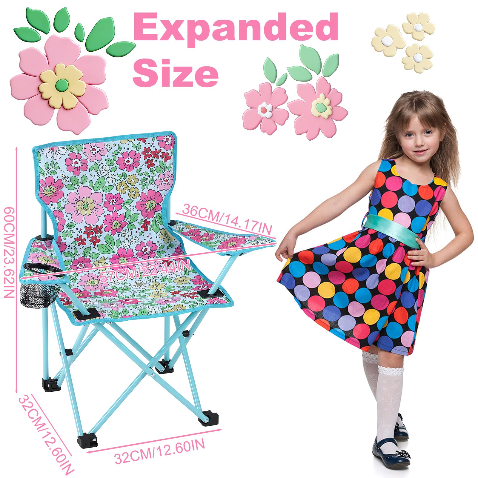 Chaise de camping pliable pour enfant - Avec porte-gobelet - Pour pique-nique, camping, pêche, extérieur (fleurs)