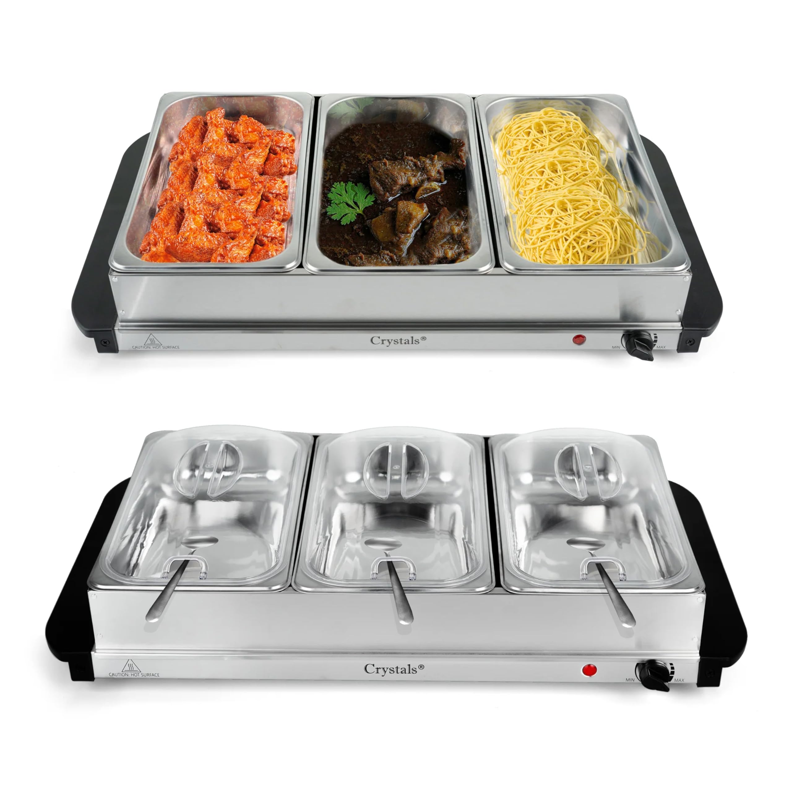 Crystals Electric Buffet Warmer Food Server with 1.5L & 2.5L Trays | Adjustable Temperature Control | 3 Section Food Warmer Hot Plate for Buffet, Party & Kitchen Use (3 x 1.5L Buffet Server)