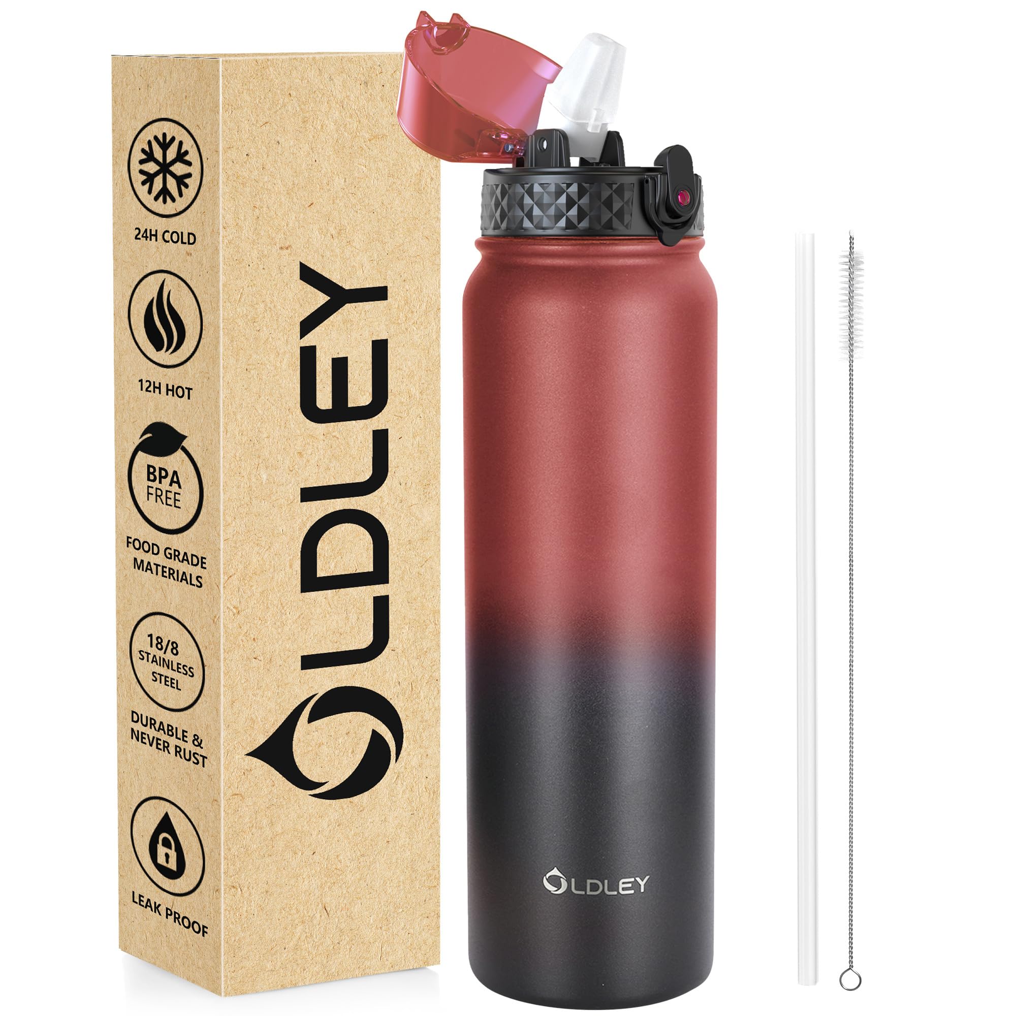 OLDLEY Stainless Steel Water Bottle with Straw 1L Vaccum Insulated Large Drink Flask Metal Water Bottles 1 Litre Leakproof Keep Drinks Hot Cold for Sports Gym Travel Adult Women Men(Red Black
