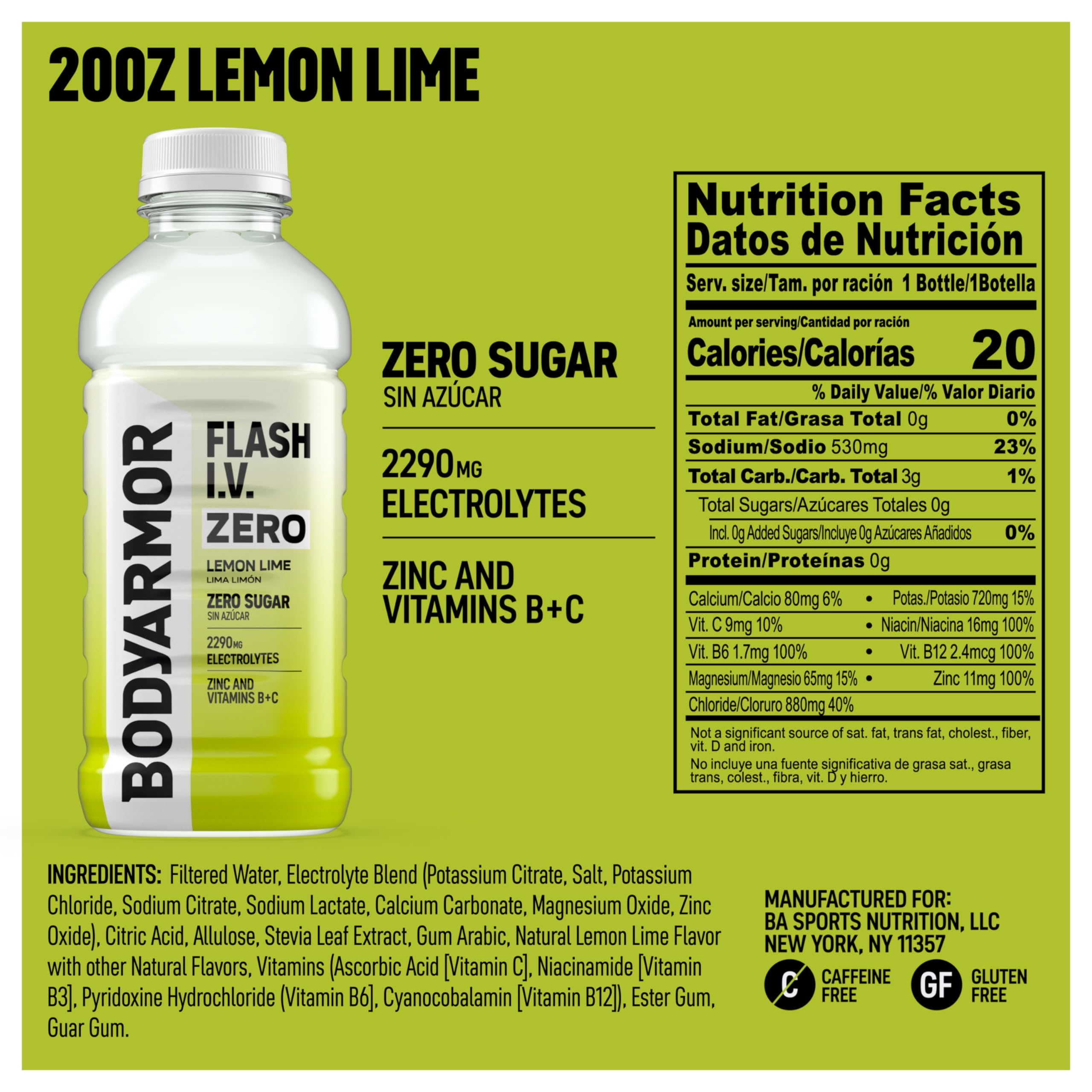 BODYARMOR Flash I.V. Zero Sugar Electrolyte Beverage, Lemon Lime, Hydration Drink For Rapid Rehydration, Post Workout Recovery, 20 Fl Oz (Pack of 12)