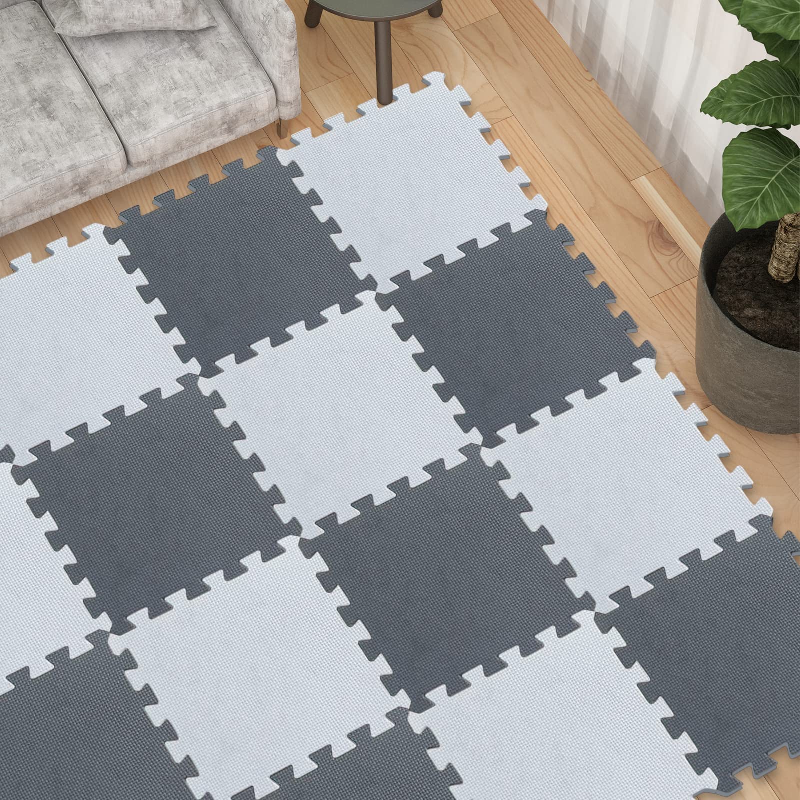 Tappeto in schiuma per puzzle, tappeto da pavimento, puzzle, tappeto in schiuma per bambini, multicolore per bambini, tappetino da strisciare, attivite, 30 x 30 x 1 cm (36 lastre, bianco + grigio
