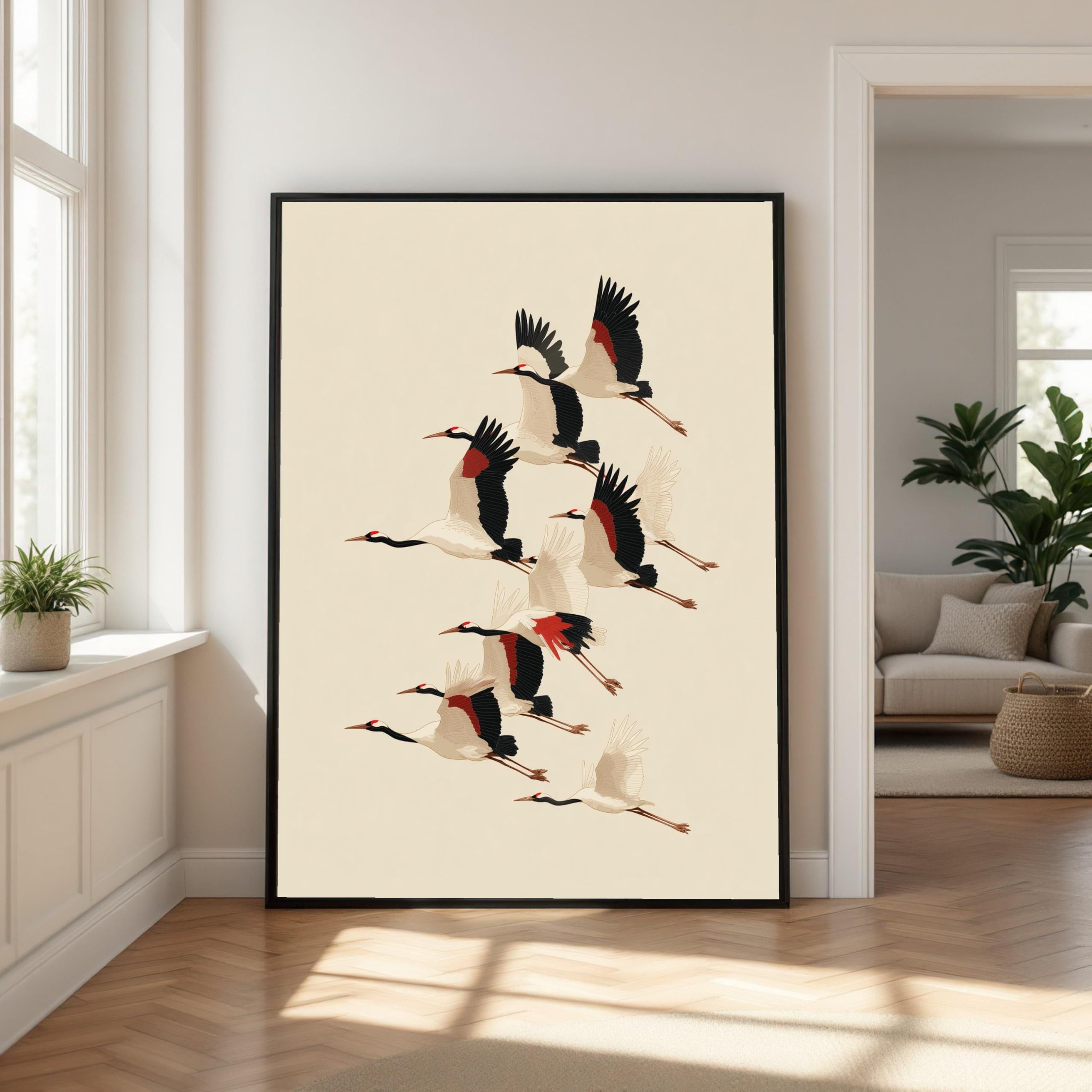 Lmycheng Frameless Elegant Cranes Flying Posters And Prints, Asian Bird Canvas Wall Art, Minimalist Nature Painting, Japanese Home Decor(60X80cm/Frameless)