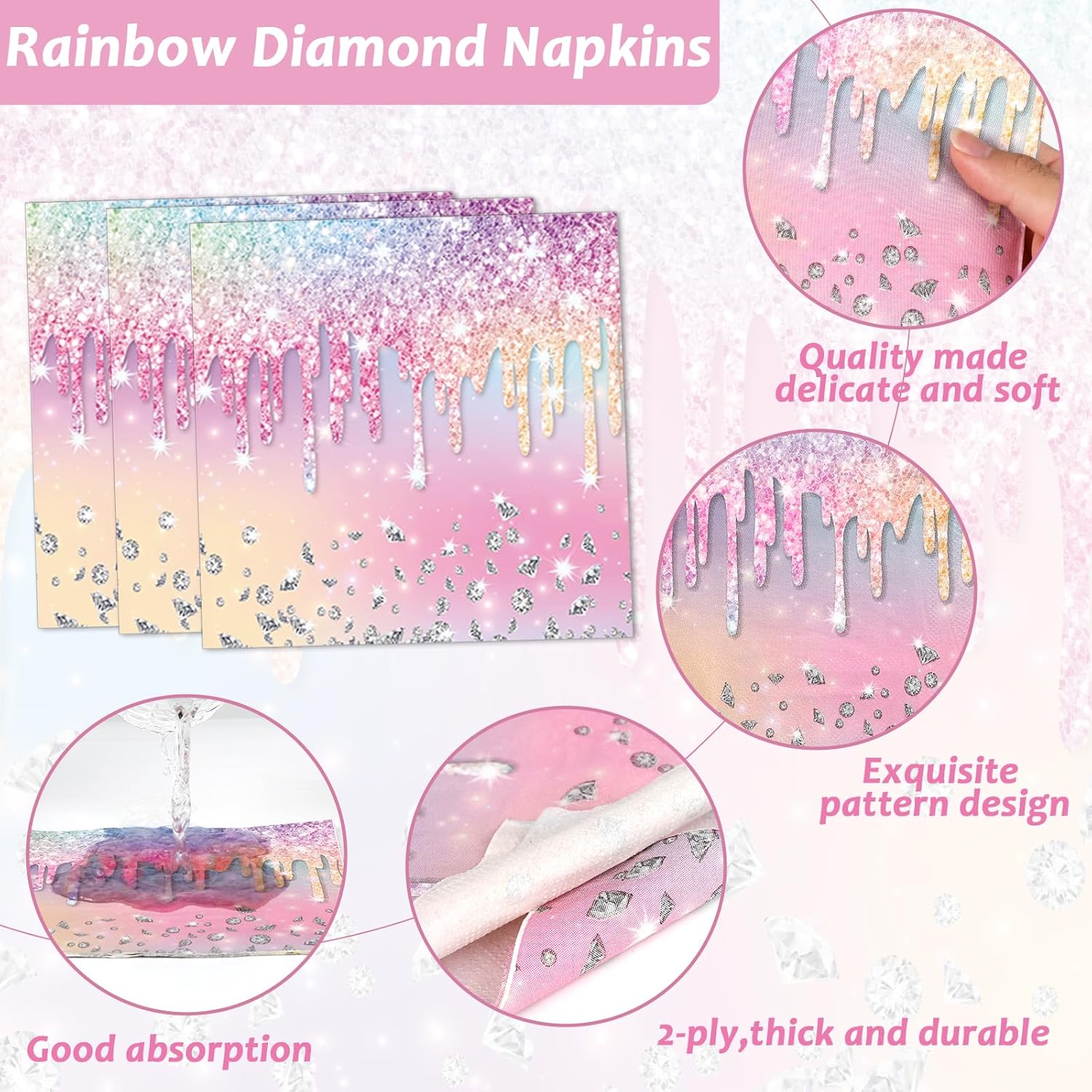 Iridescent Diamond Birthday Party Plates Napkin Fork Glitter Diamond Tableware Set Happy Birthday Dinnerware Colorful Supply for Girls Women Baby Shower Wedding Parties Decoration Serve 24 - Image 4