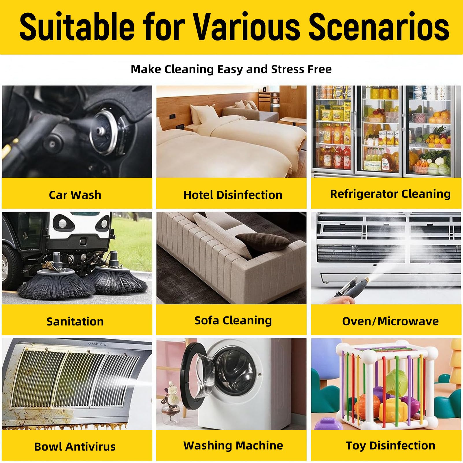 Pulitore a Vapore ad Alta Pressione per Uso Professionale. Yellow | Pulitore a vapore portatile, serbatoio capiente da 3,5 l, 6 accessori inclusi, per pavimenti, grasso e griglie.