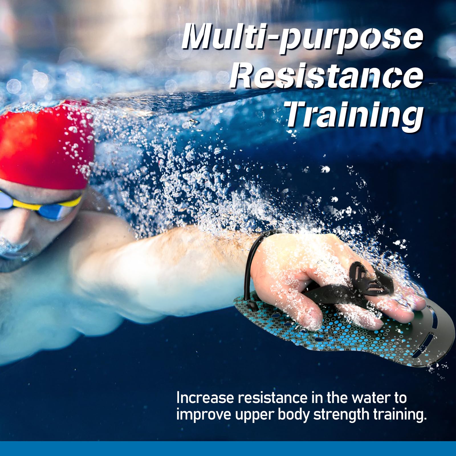 BOOSTEADY Pagaie da nuoto curve, pagaie da nuoto a mano con cinghie regolabili, paddle da nuoto per allenamento di forza superiore del corpo in nuoto, blu/giallo/rosa