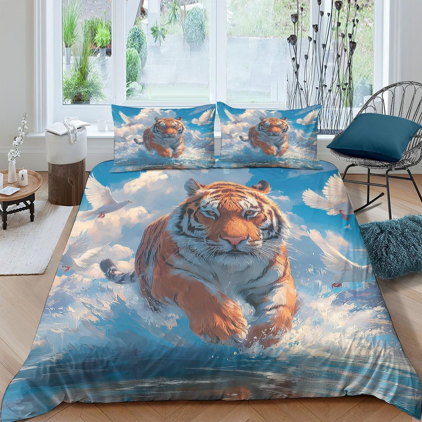 Ctjqhvkz Style-4 3D Printed Tiger Cloud Fitted Sheet Microfiber Soft Anti-Slip Bed Cover For Bedroom Guest Room Decor Easy Care Single（135X200cm）